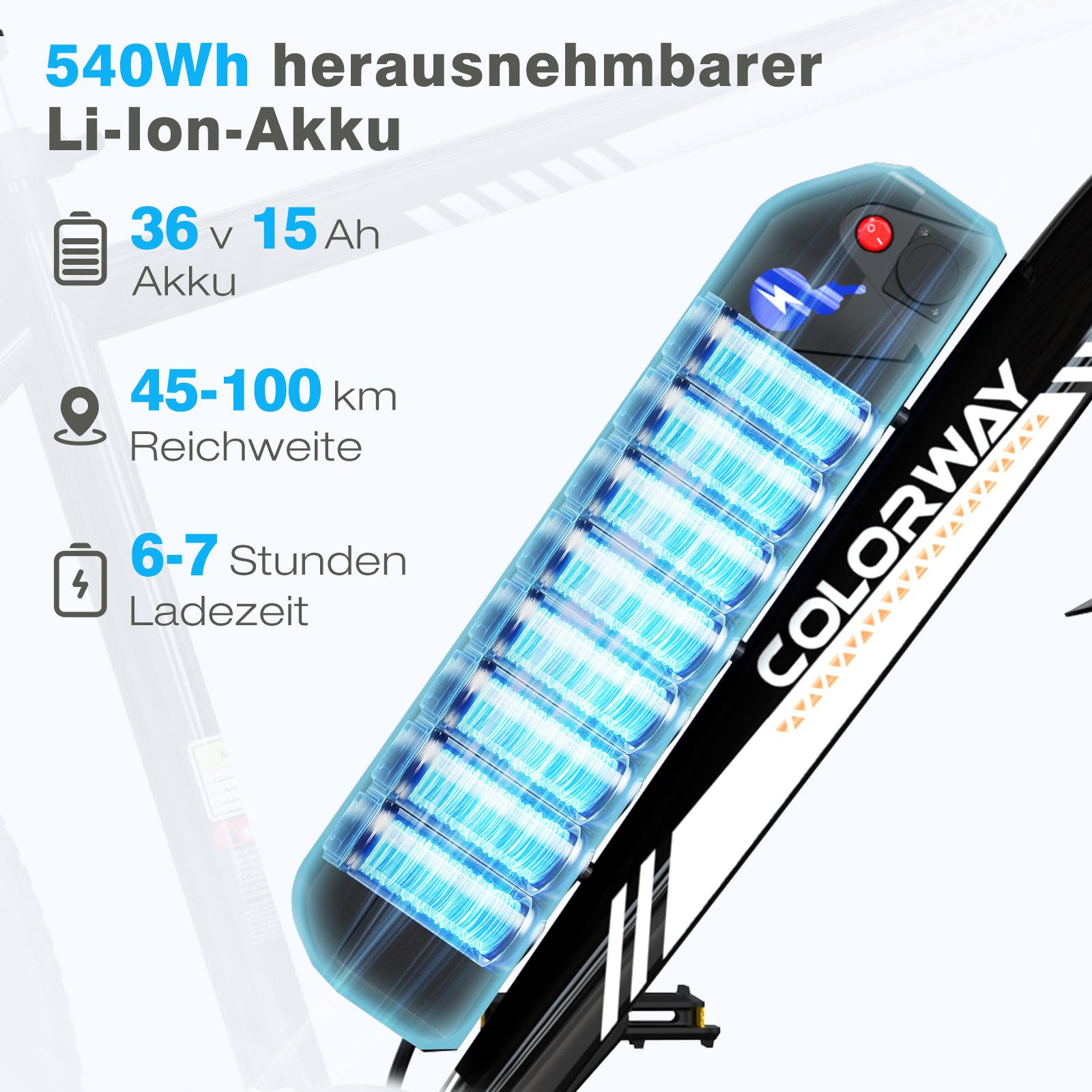 E-Bike-Akkupack. Zeigt Kapazität und andere Spezifikationen.