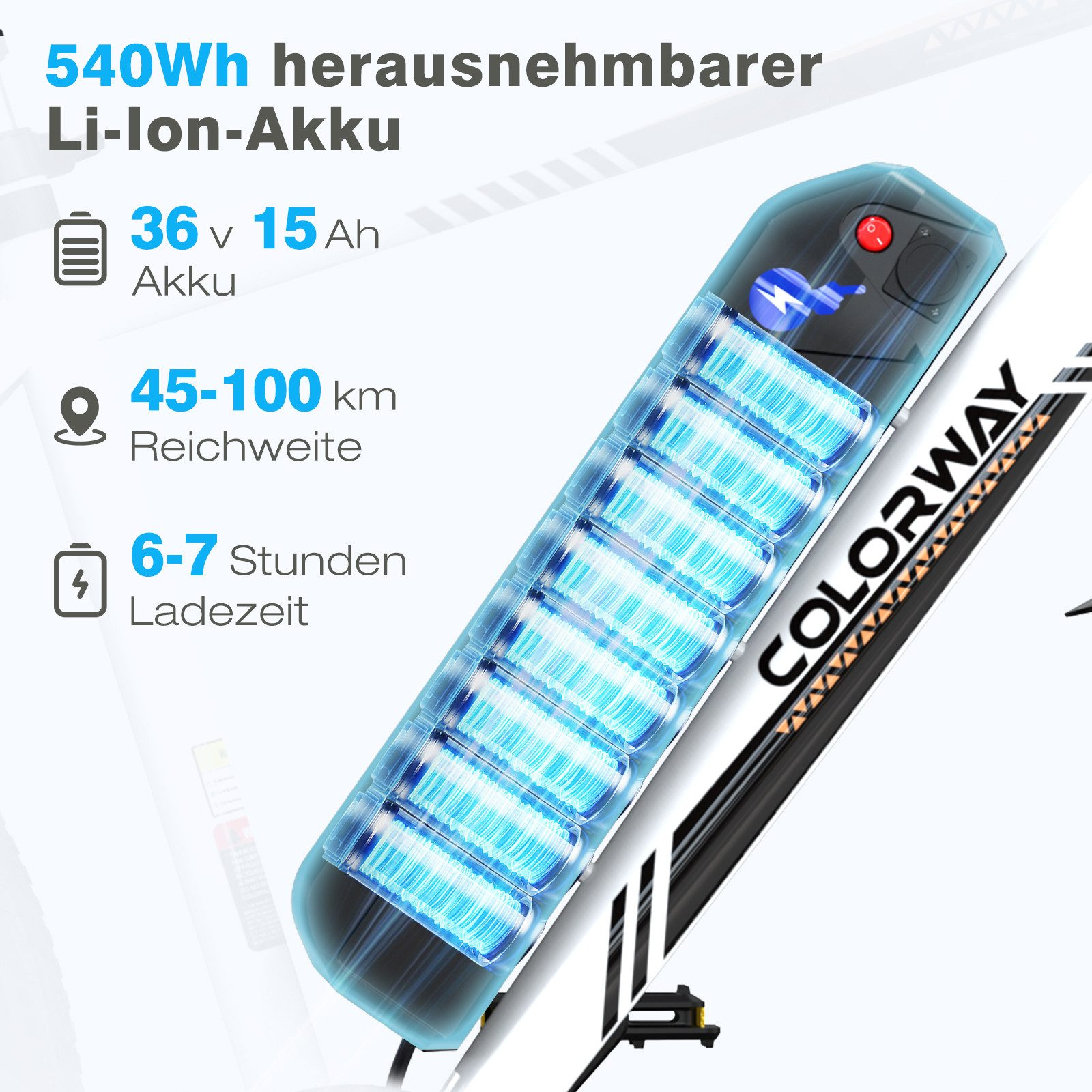 Ein blau-schwarzer Akku für ein Elektrofahrrad mit Spezifikationen und einem weißen Fahrradrahmen.