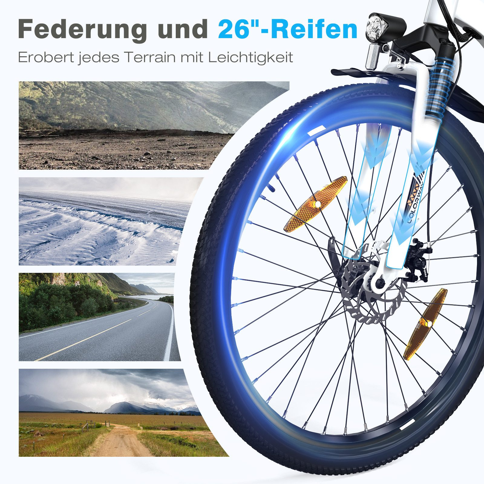 Fahrradrad mit blauem Licht, mit Bildern verschiedener Geländearten.
