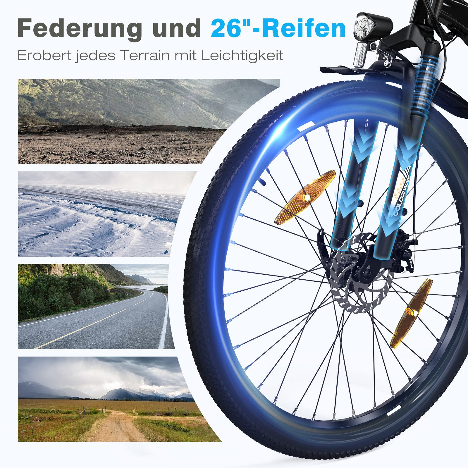 Ein Fahrradrad mit verschiedenen Geländearten im Hintergrund. Das Vorderrad steht im Mittelpunkt.
