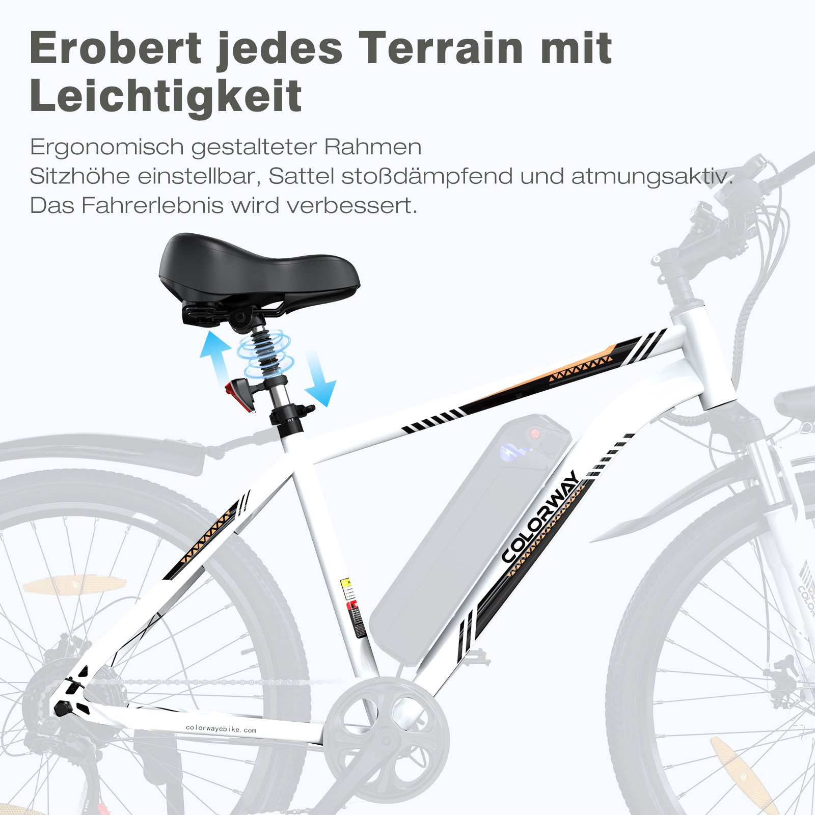 Weißes Elektrofahrrad mit schwarzem Sitz und Akku, auf weißem Hintergrund. Text über das Fahrrad.