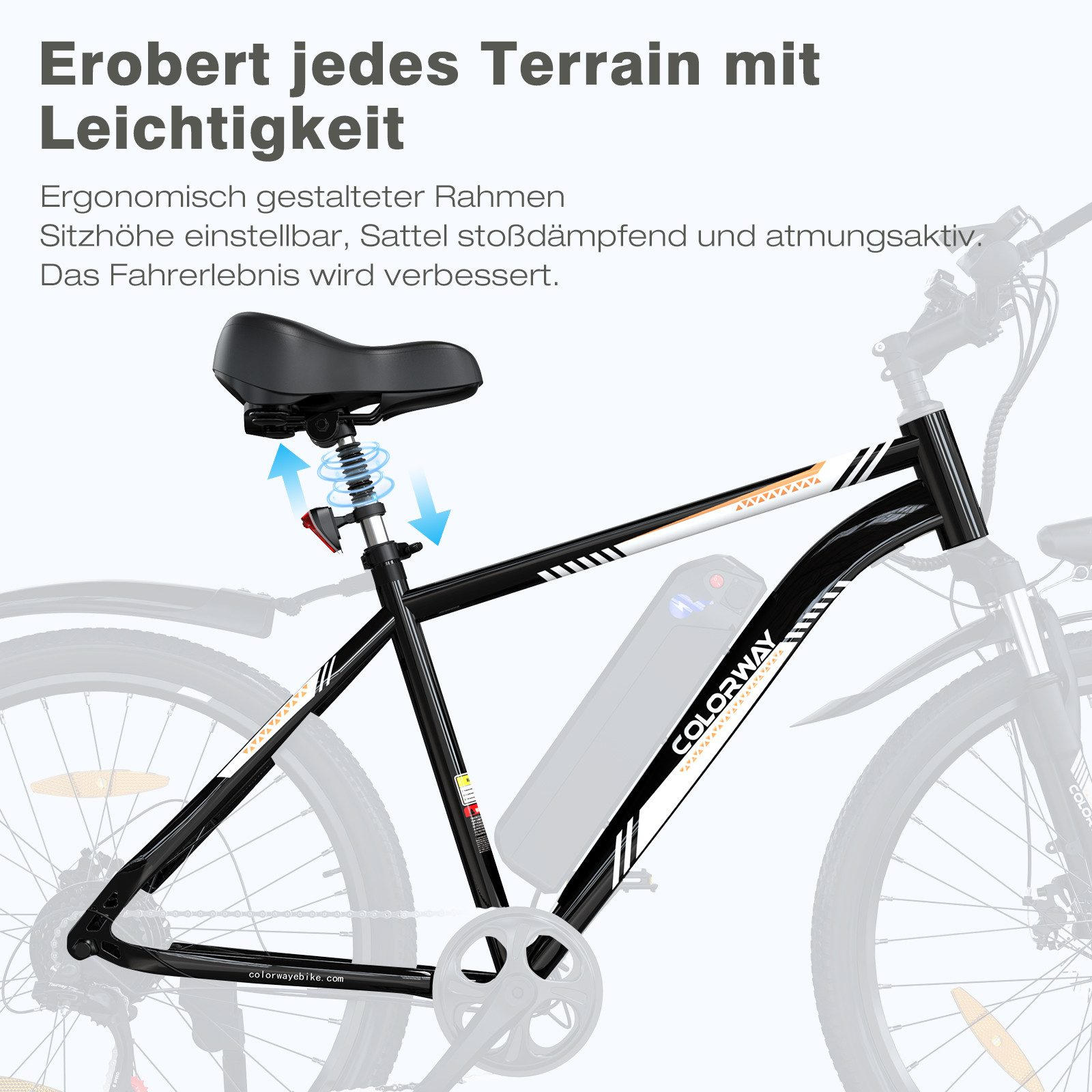 Schwarz-weißes Fahrrad mit etwas Orange auf weißem Hintergrund. Text auf Deutsch: „Erbert jedes Terrain mit Leichtigkeit“.