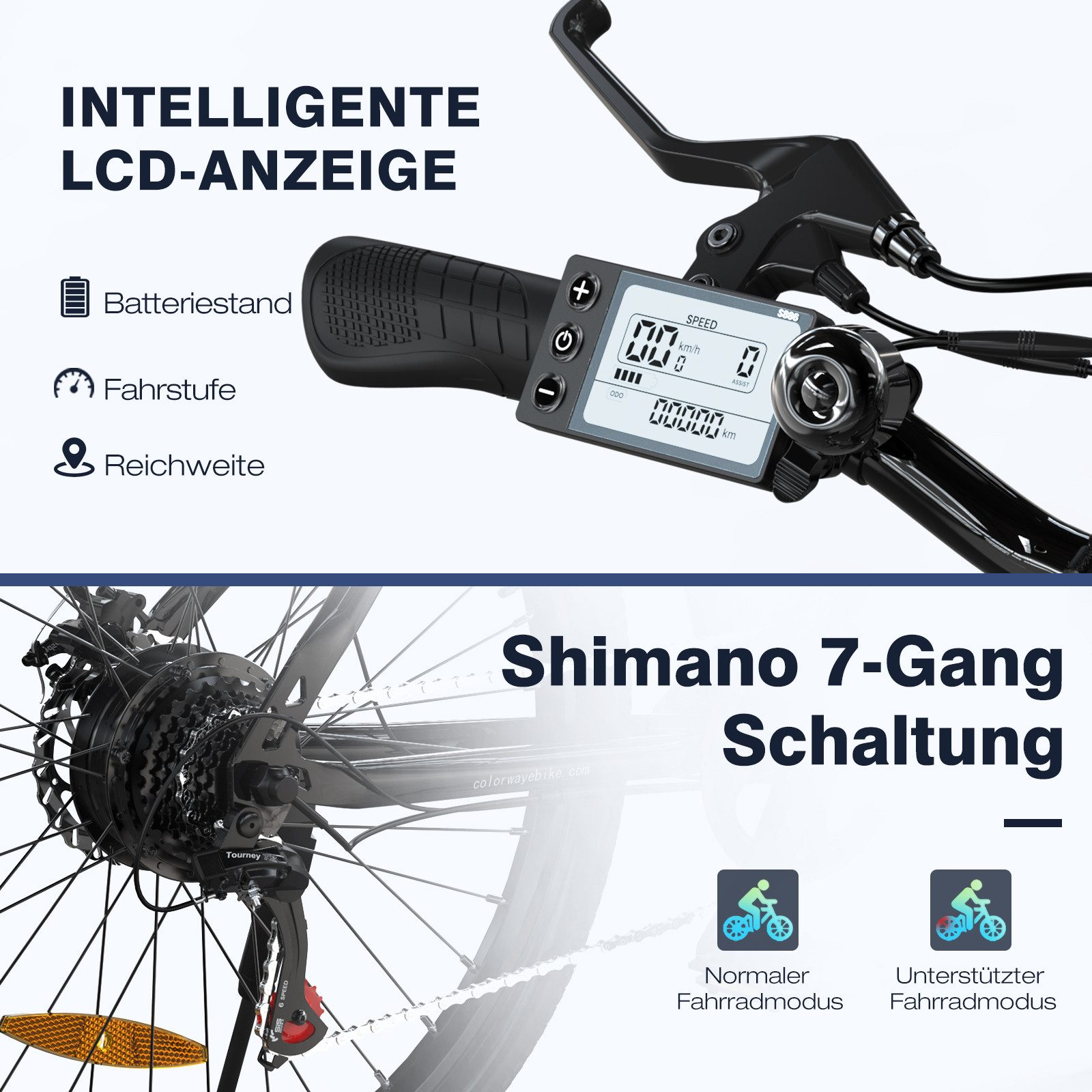 E-Bike-Detail: Display, Shimano-Gänge, Bremshebel und Hinterrad-Details.