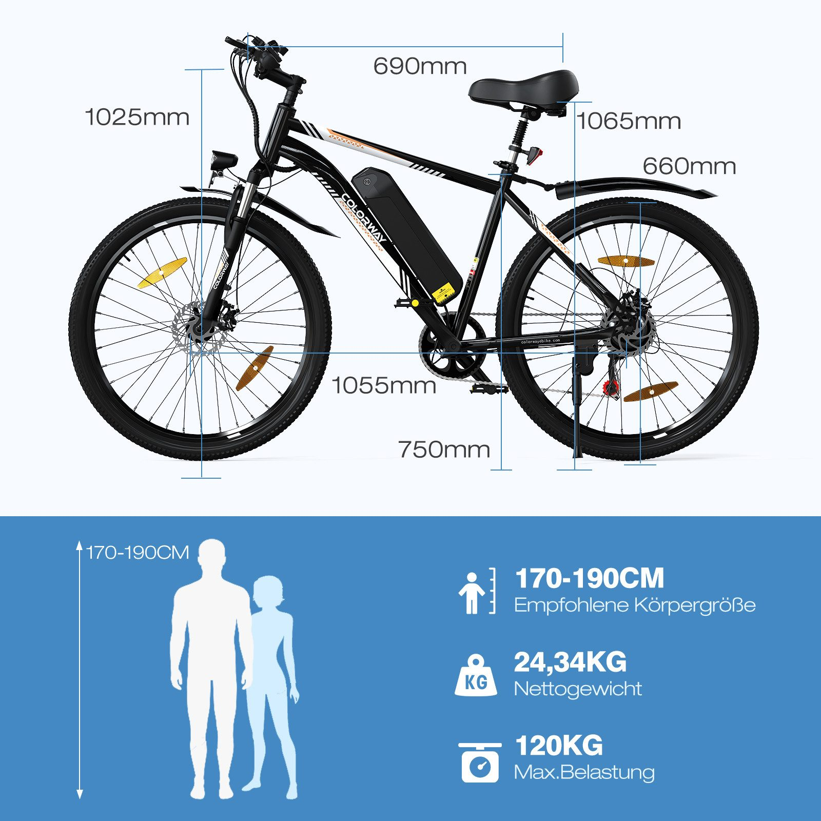 Ein E-Bike mit Maßen und ein Diagramm menschlicher Figuren, das Größe und Gewicht zeigt.
