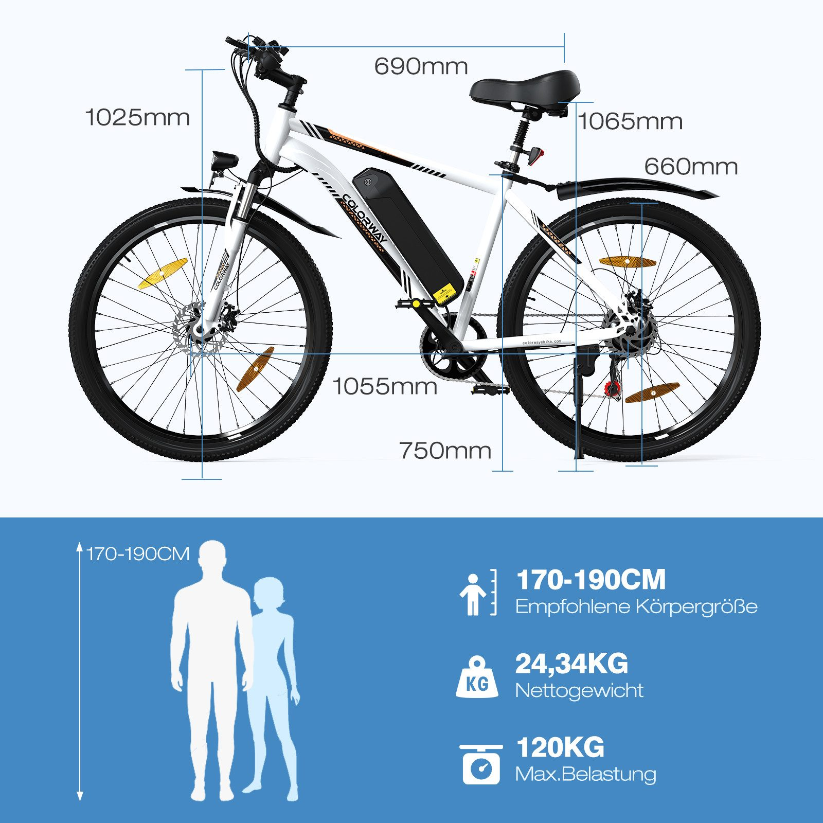 Ein weißes und schwarzes Fahrrad mit Abmessungen und eine Personensilhouette mit Messungen auf blauem Hintergrund.