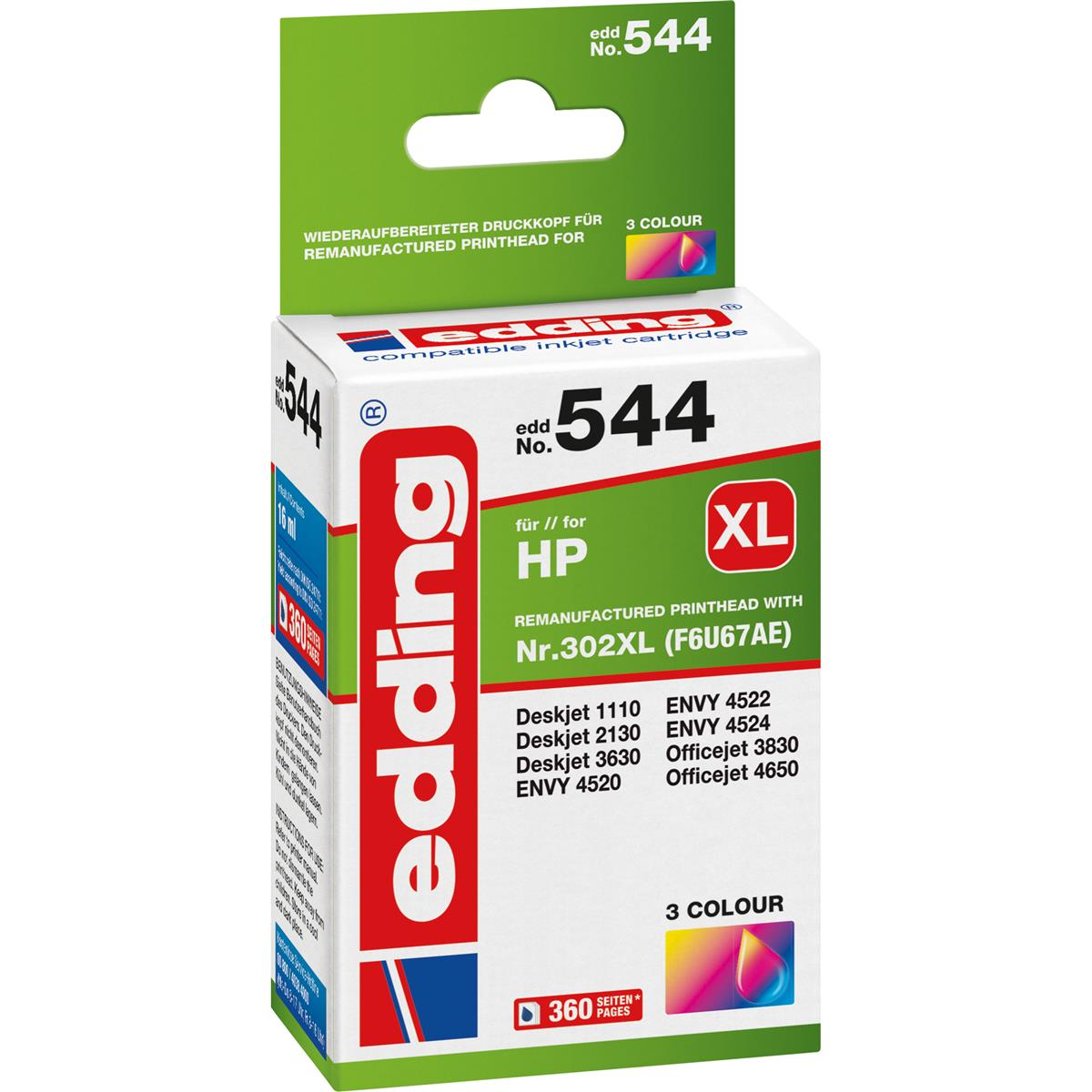 Tintenpatronenbox für HP-Drucker. Es ist eine rote, weiße und grüne Box mit dem Edding-Logo.
