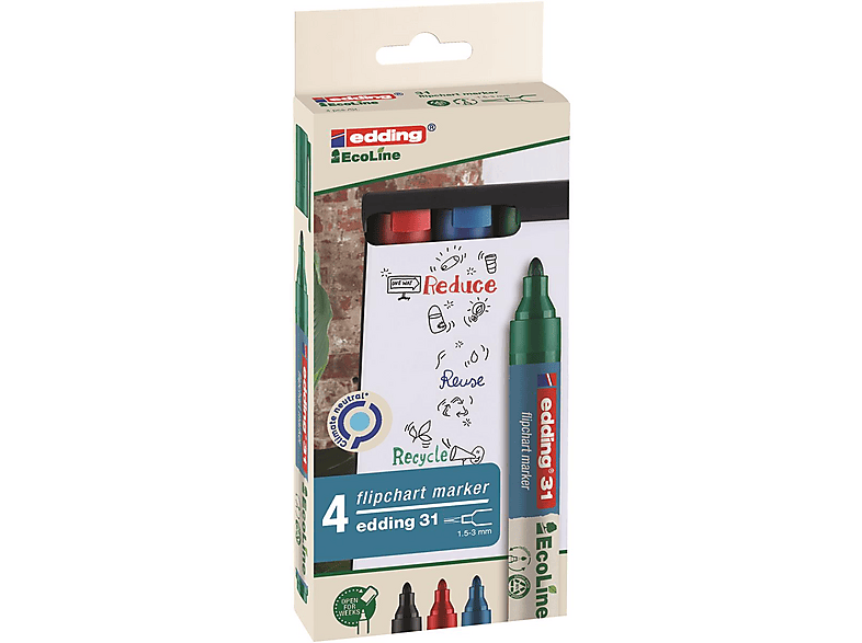 Edding 31 EcoLine Flipchartmarker – Blau, 10 Stück, Rundspitze 1,5–3 Mm, Nachfüllbar, Trocknet Nicht Aus