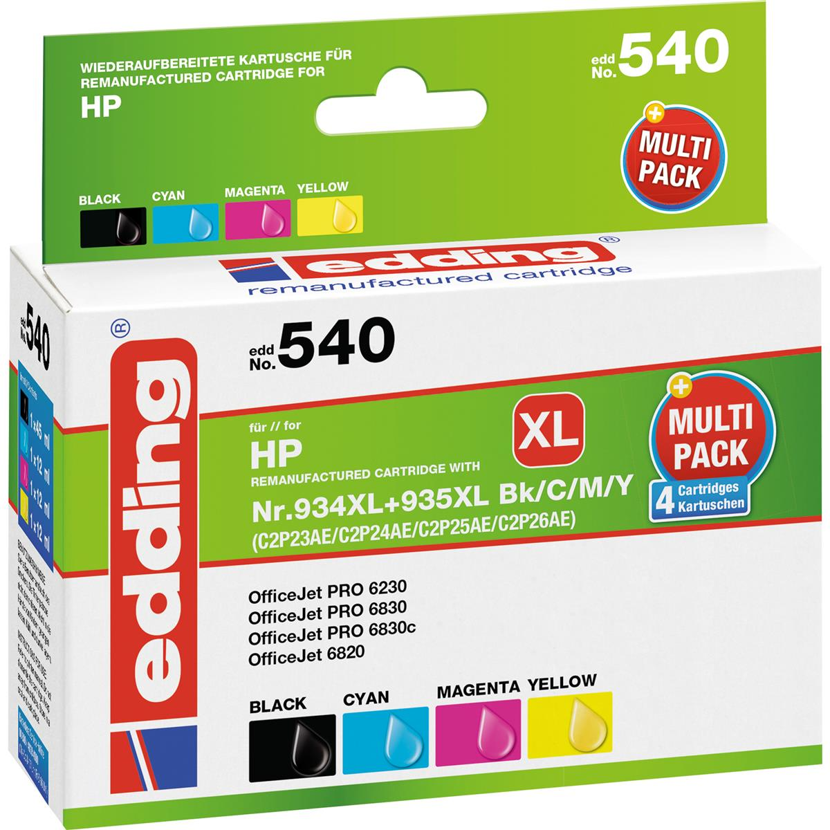Tintenpatronenbox 'Edding' mit schwarz, cyan, magenta, gelb und XL-Größe.