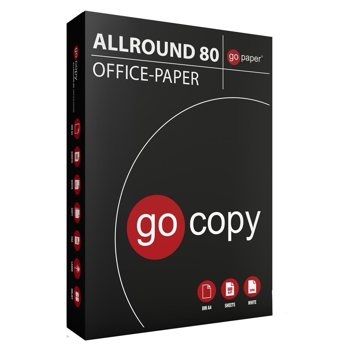 Eine schwarz-rote Büro-Papierbox mit der Aufschrift 'ALLROUND 80 OFFICE-PAPER' und dem Logo 'go copy'.