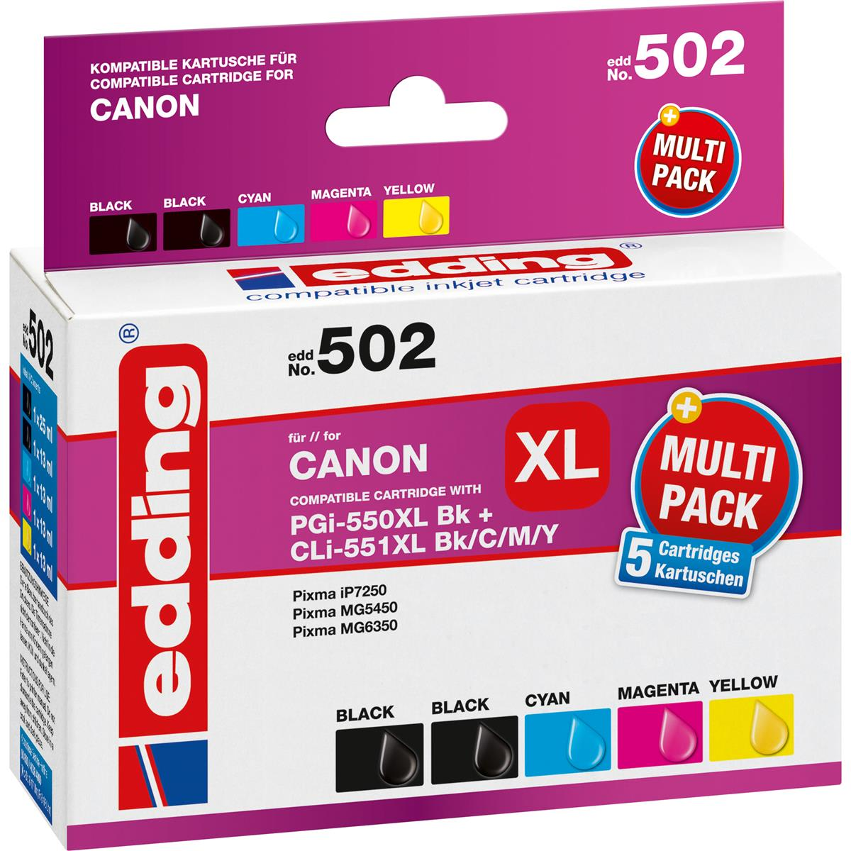 Eine Box mit mehreren Tintenpatronen. Schwarze, cyanfarbene, magenta- und gelbe Patronen sichtbar.