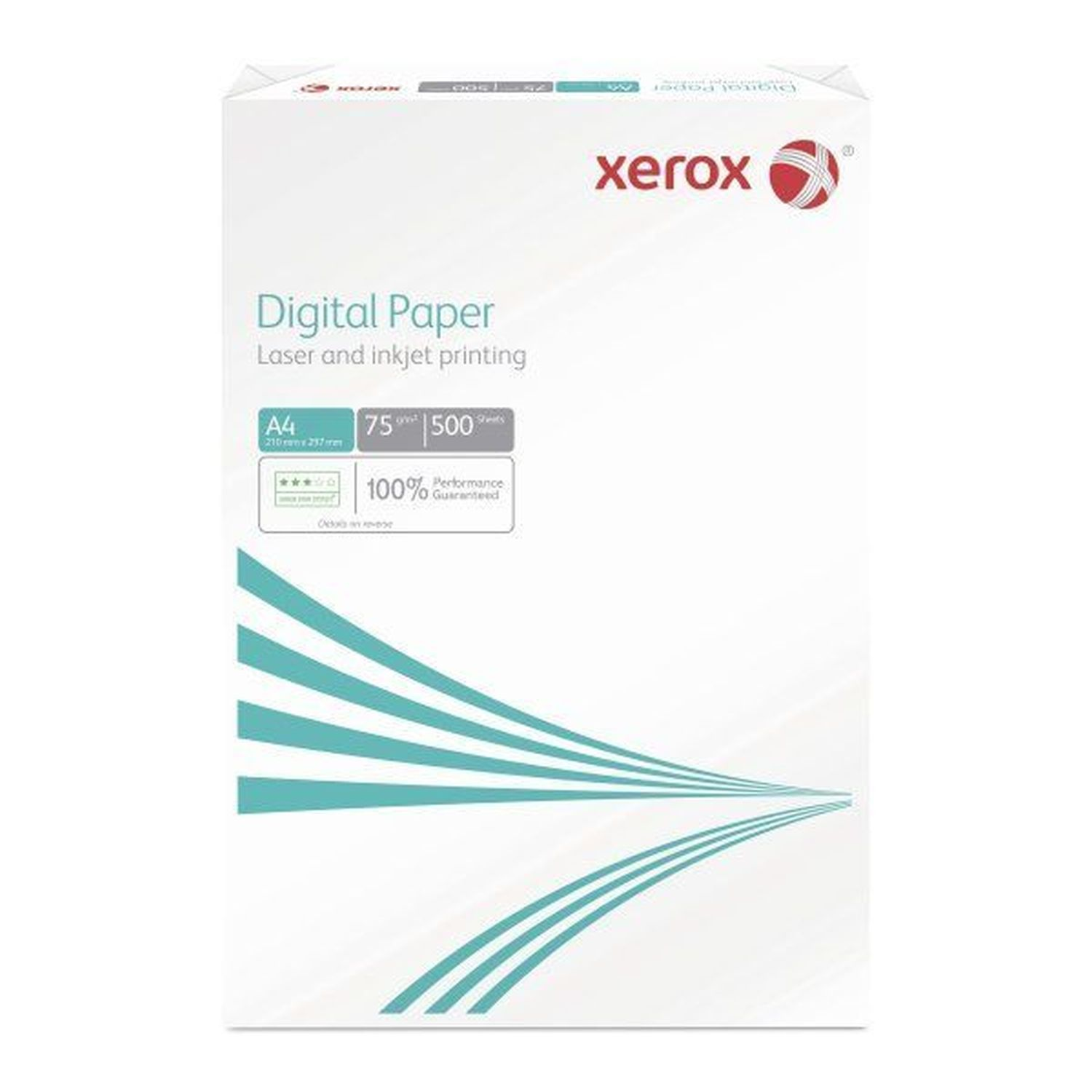 Weißer Papierkarton mit Text. Xerox-Logo ist oben rechts zu sehen.