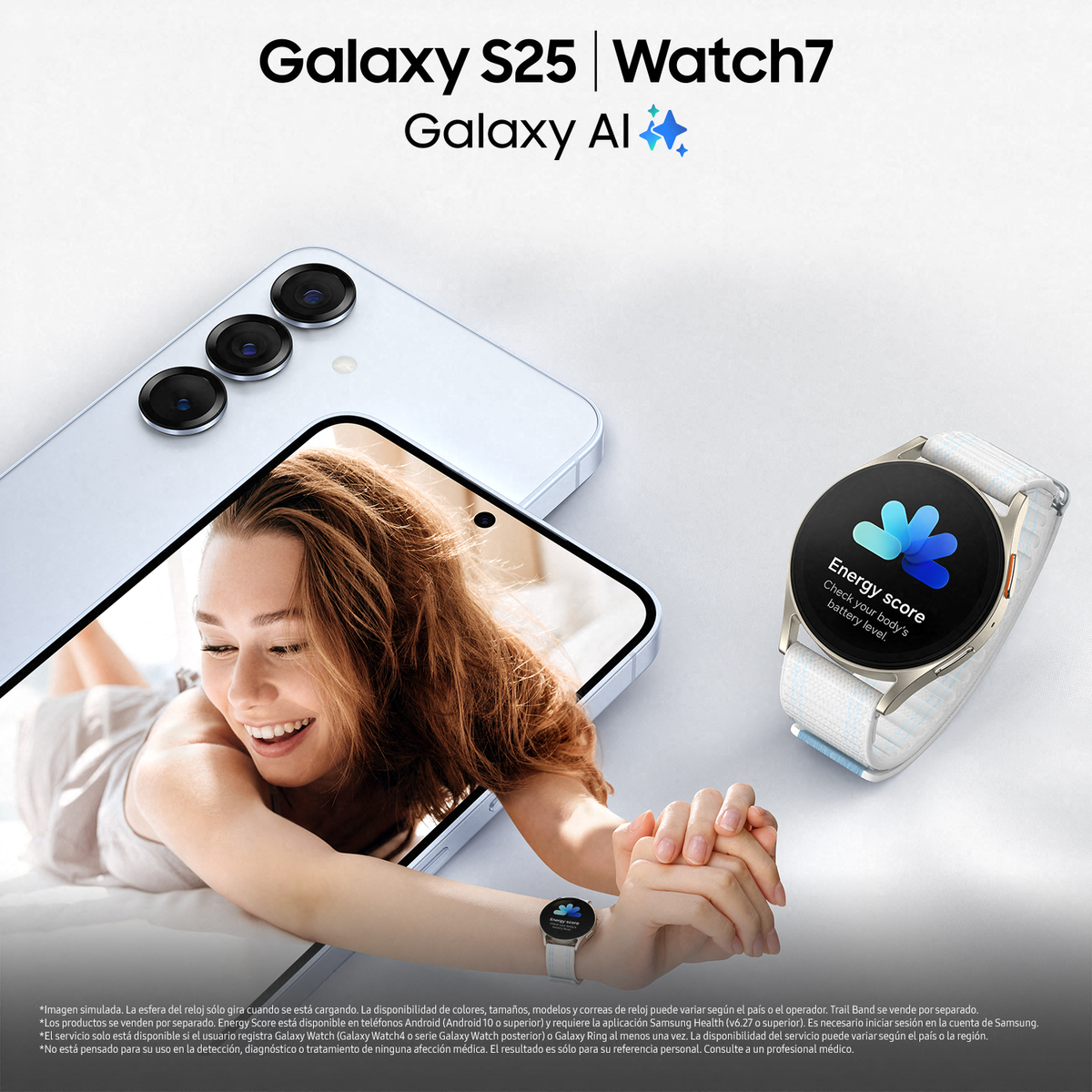 Kobieta ze smartwatchem i telefonem. Biały telefon i zegarek. Białe tło.