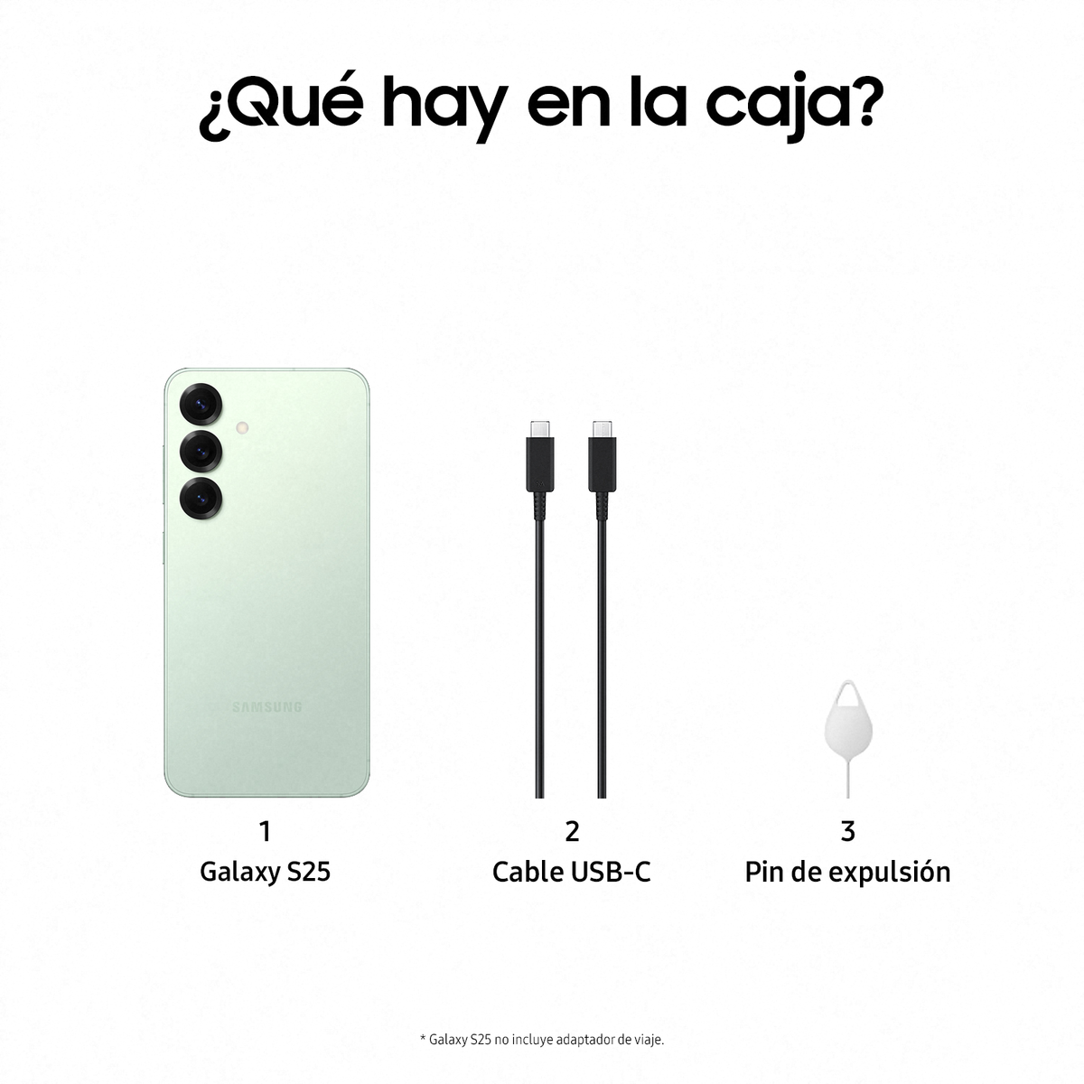 L'immagine mostra un telefono verde, due cavi neri e un pin di espulsione SIM, etichettati Galaxy S25, cavo USB-C e pin.