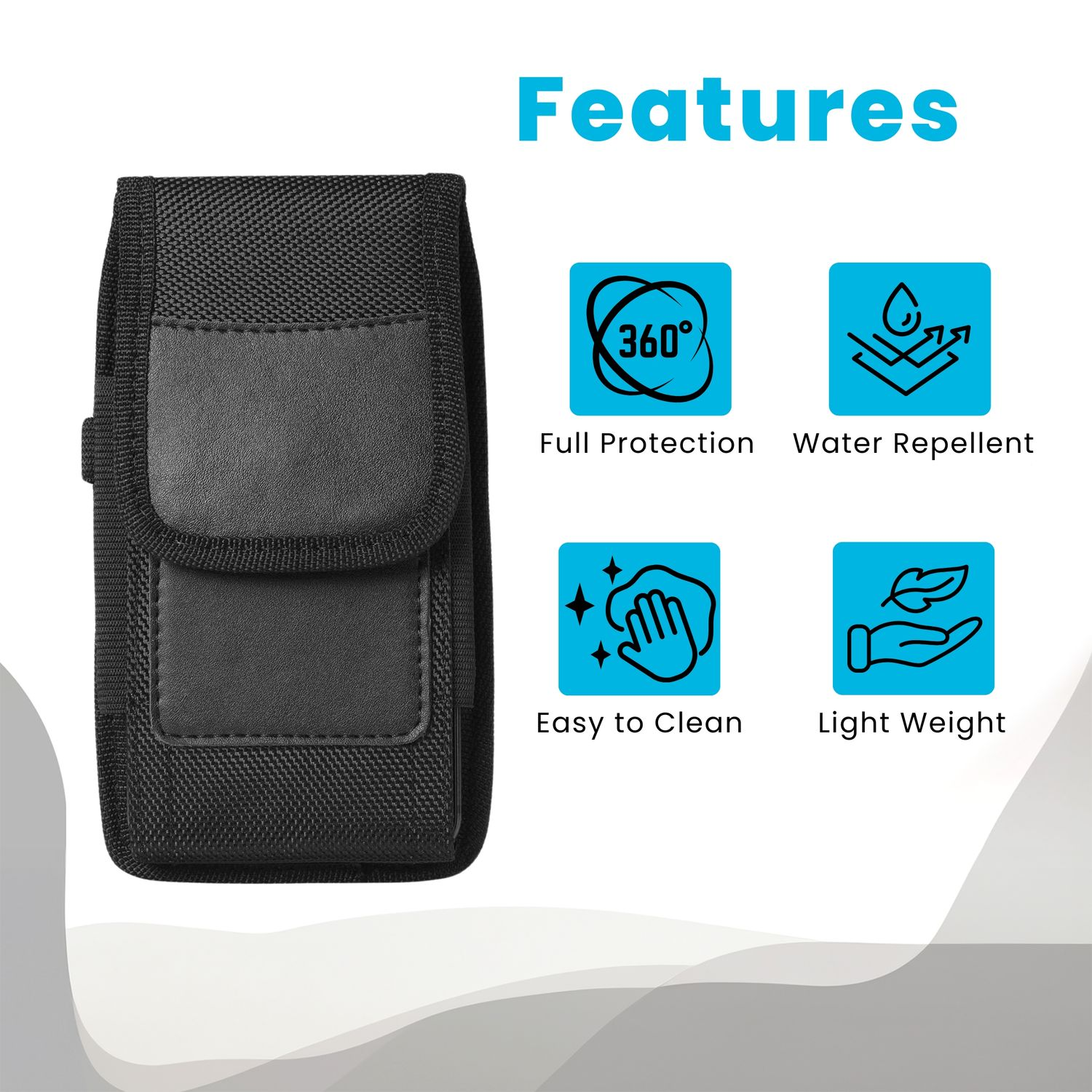 Schwarze Telefonholster mit Symbolen: 360° Vollschutz, wasserabweisend, leicht zu reinigen, leicht. Weißer Hintergrund.