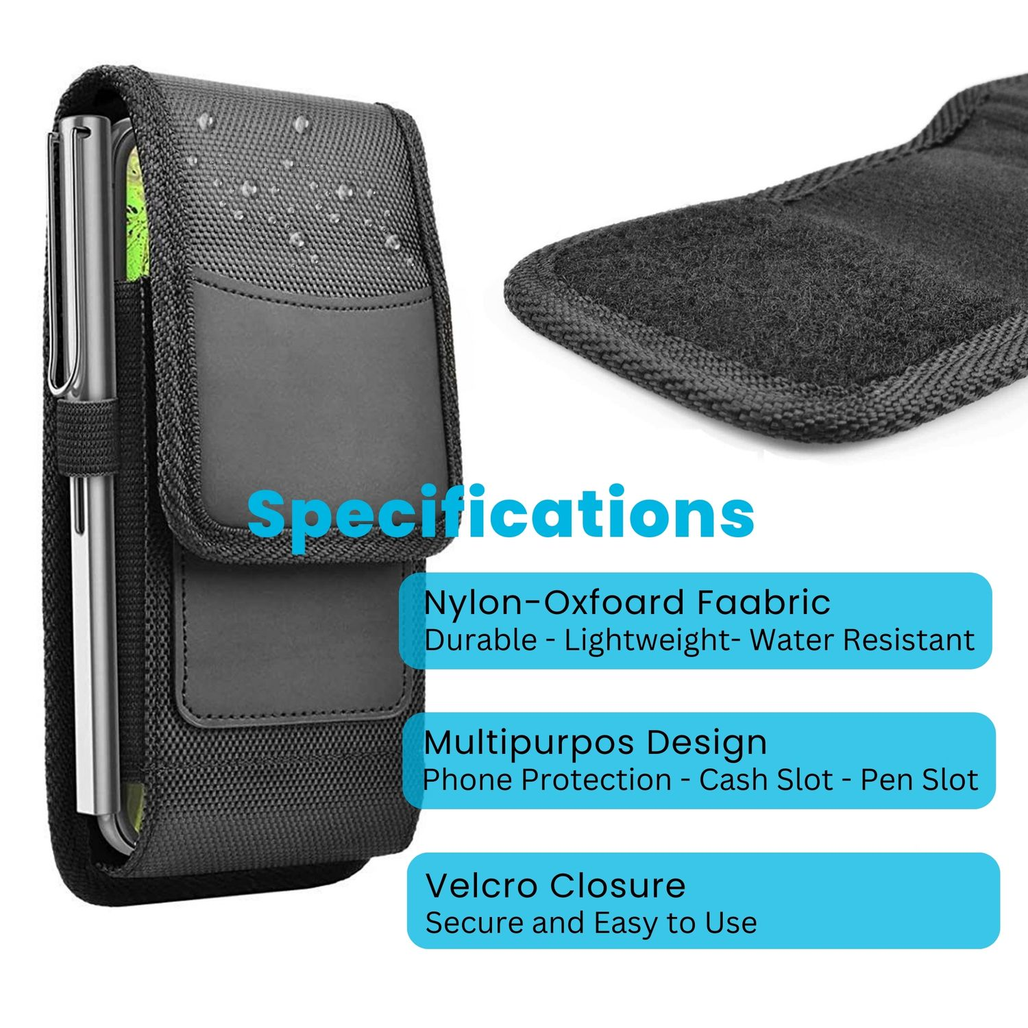 Schwarze Handytasche mit Handy und Stift, auf weißem Hintergrund.