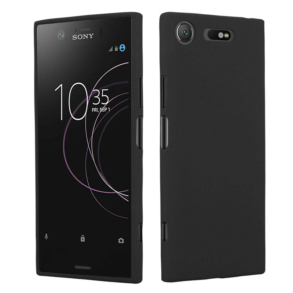 Telefono Sony nero con custodia nera. Lo schermo è acceso, mostra l'ora. Sfondo bianco.