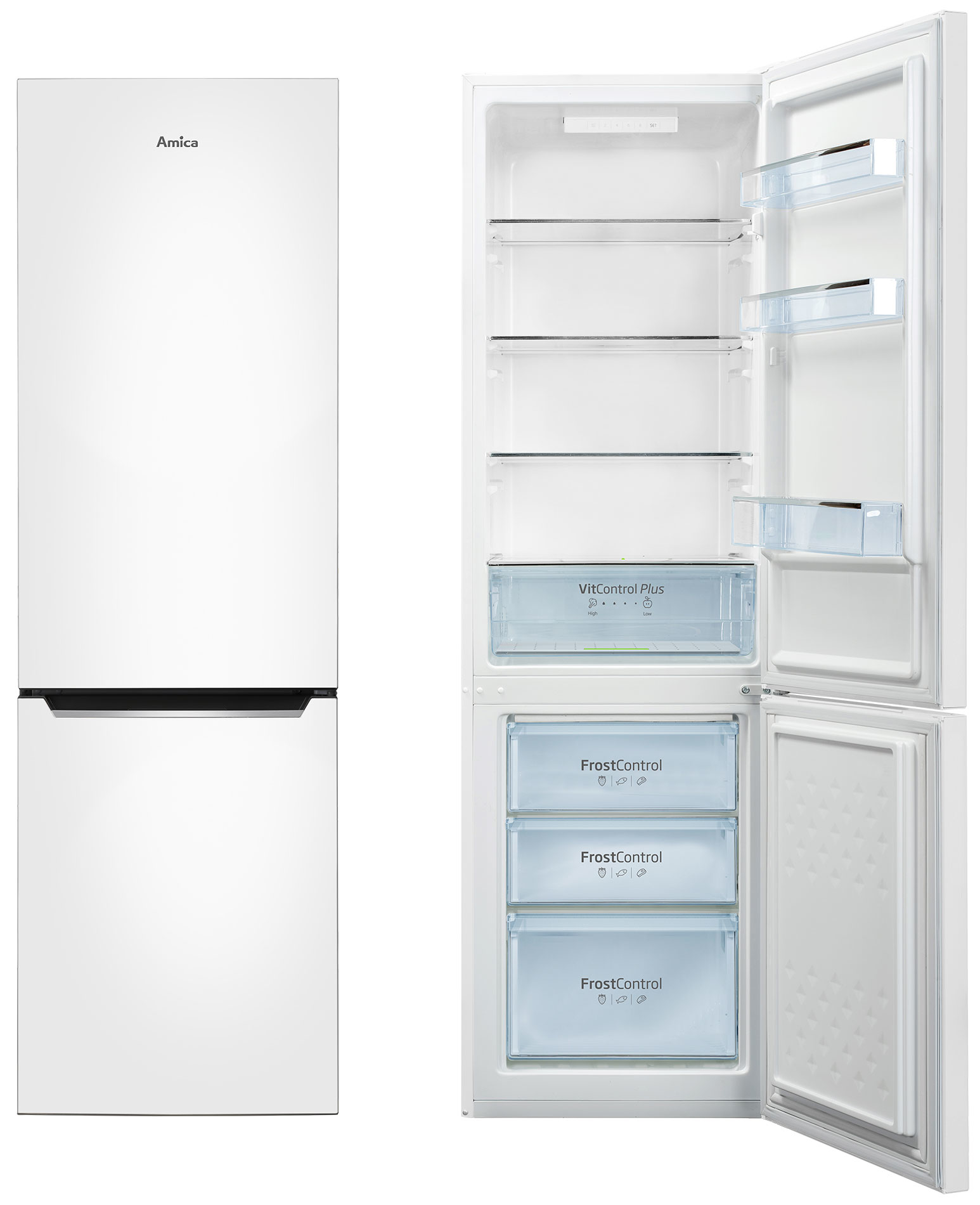 Weißer Amica Kühlschrank mit geöffneter Tür, zeigt Regale, Schubladen und Inhalt.
