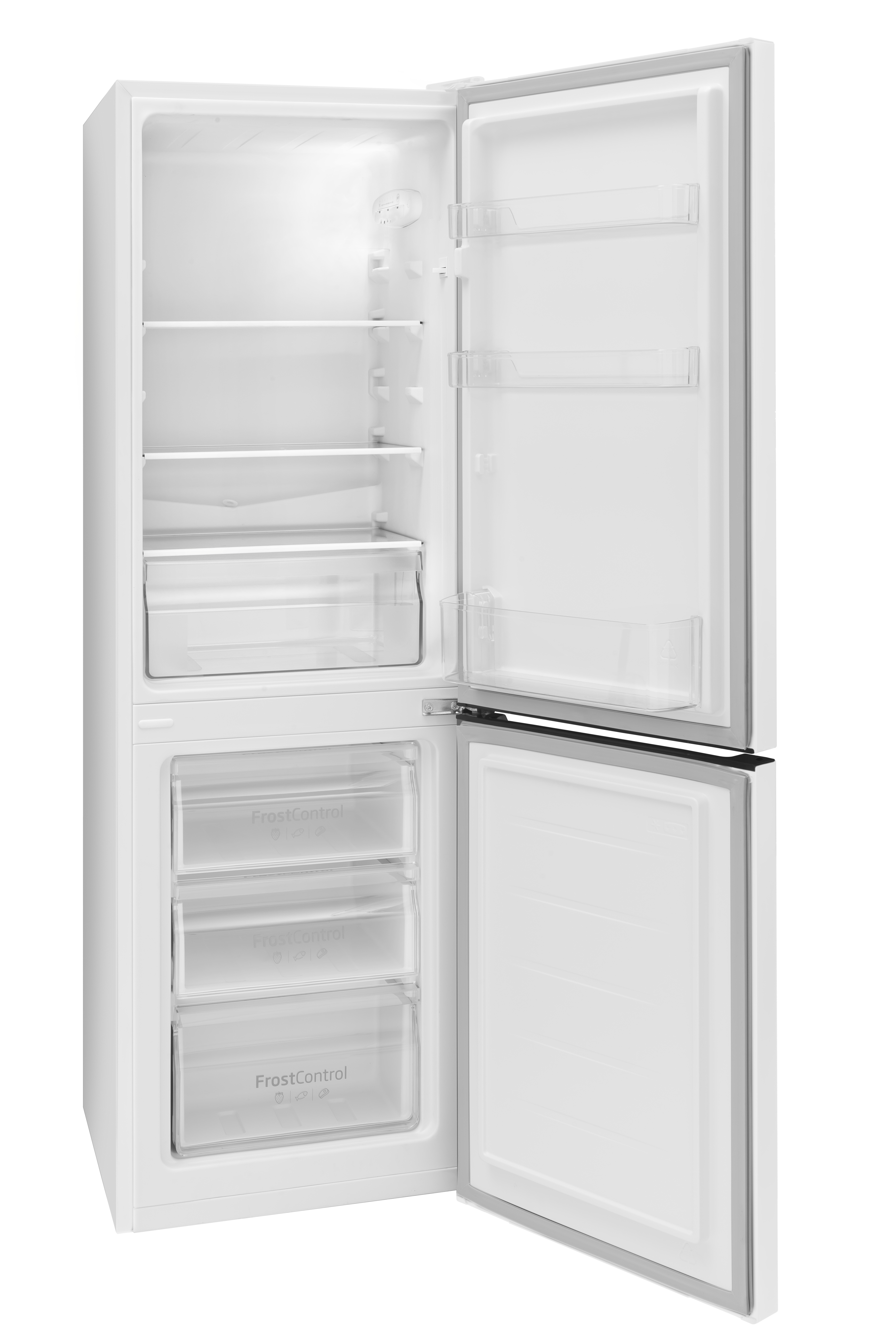 Weißer Kühlschrank mit geöffneter Tür, zeigt Regale, Schubladen und ein Licht. Die Tür ist geöffnet, um das Innere zu zeigen.