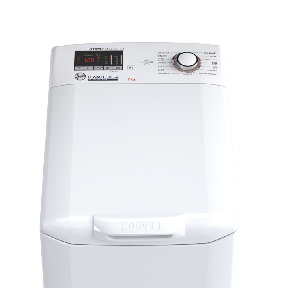 Lavatrice bianca con display digitale, logo Hoover e vari pulsanti di controllo in alto.