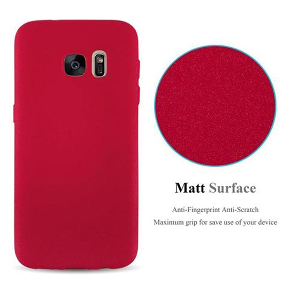 Custodia rossa per telefono con superficie opaca e cerchio rosso. Testo: Superficie opaca.