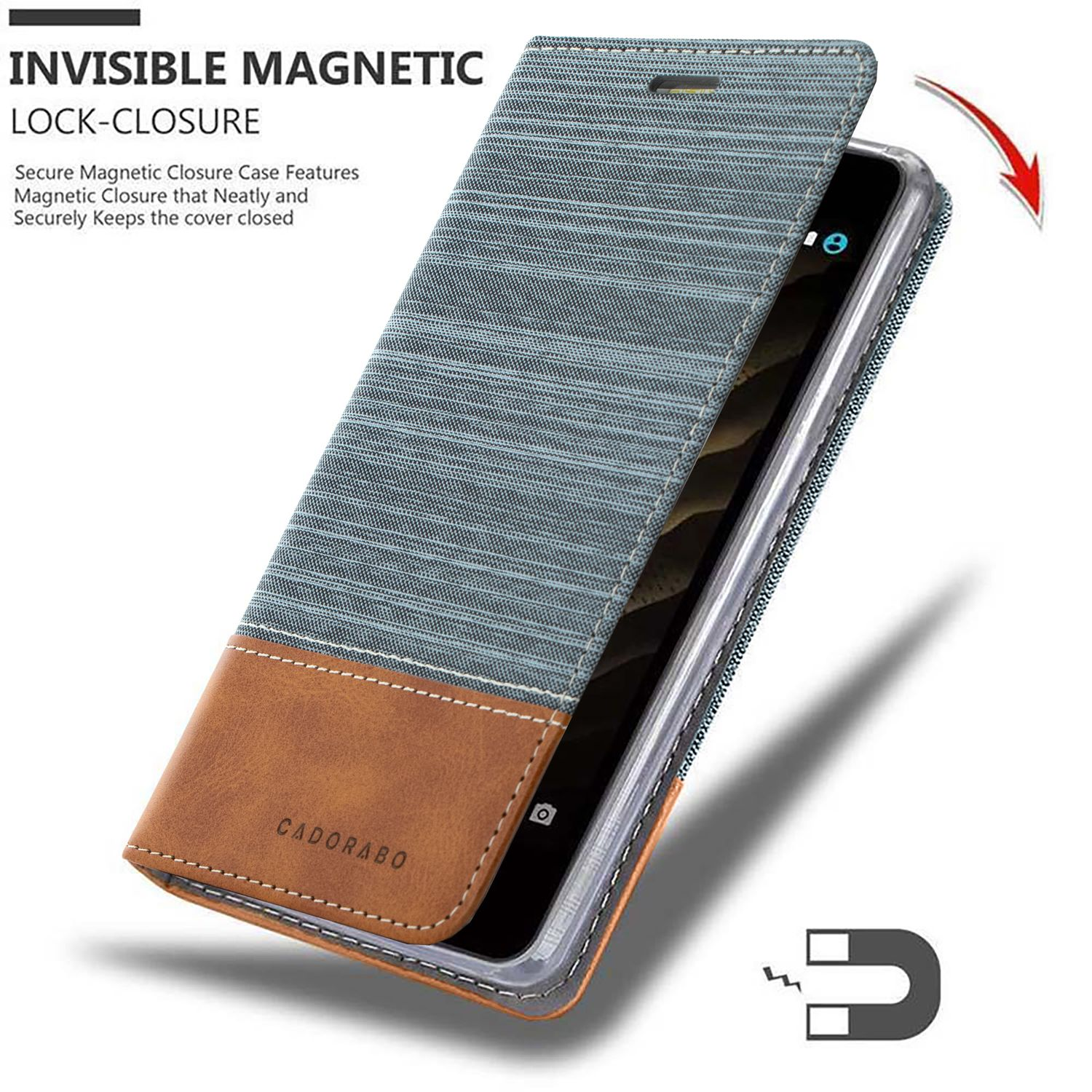 Custodia magnetica per telefono, tessuto grigio e pelle marrone, con un simbolo a calamita.