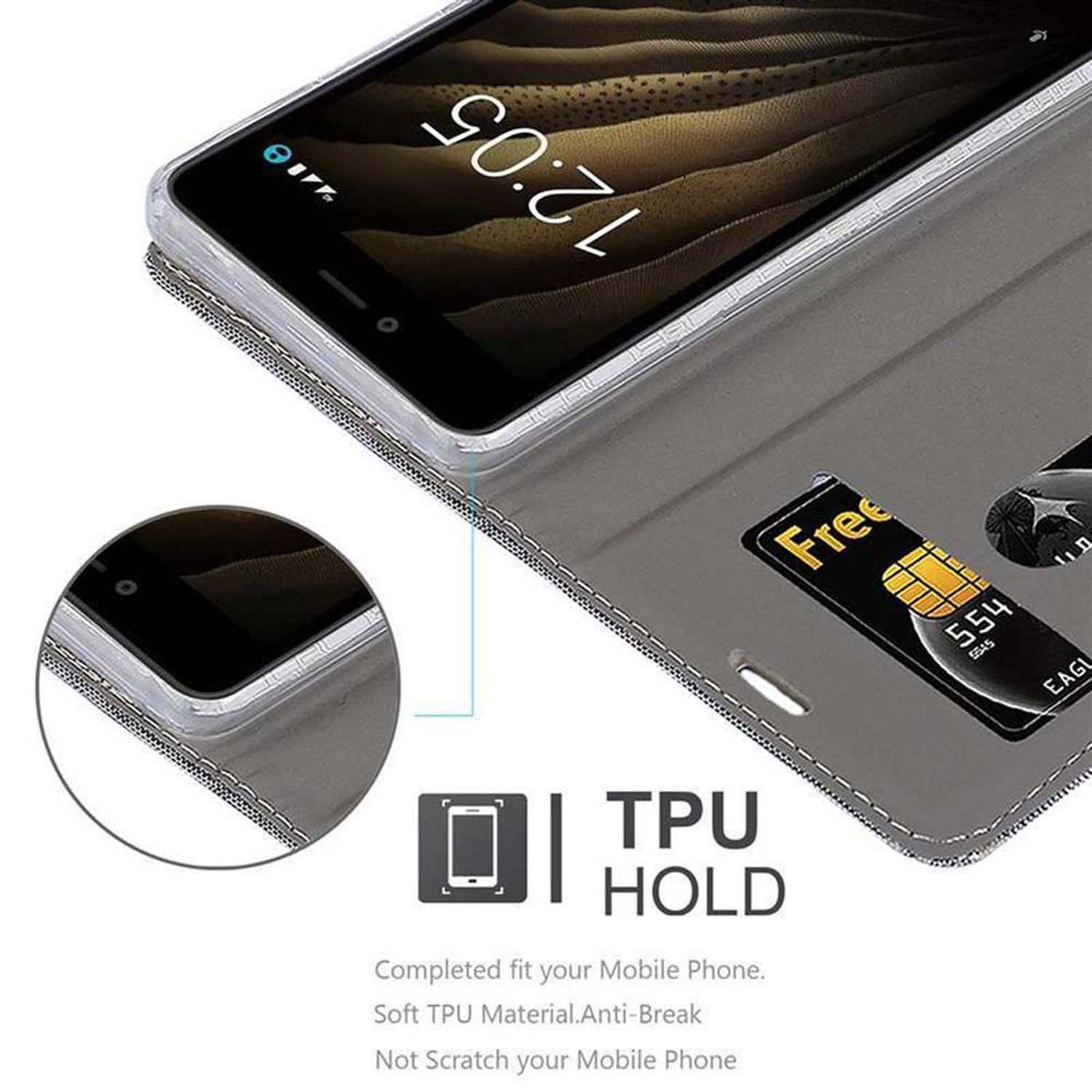 Telefono in una custodia a libro che mostra l'ora e una carta di credito. Logo TPU HOLD in basso.