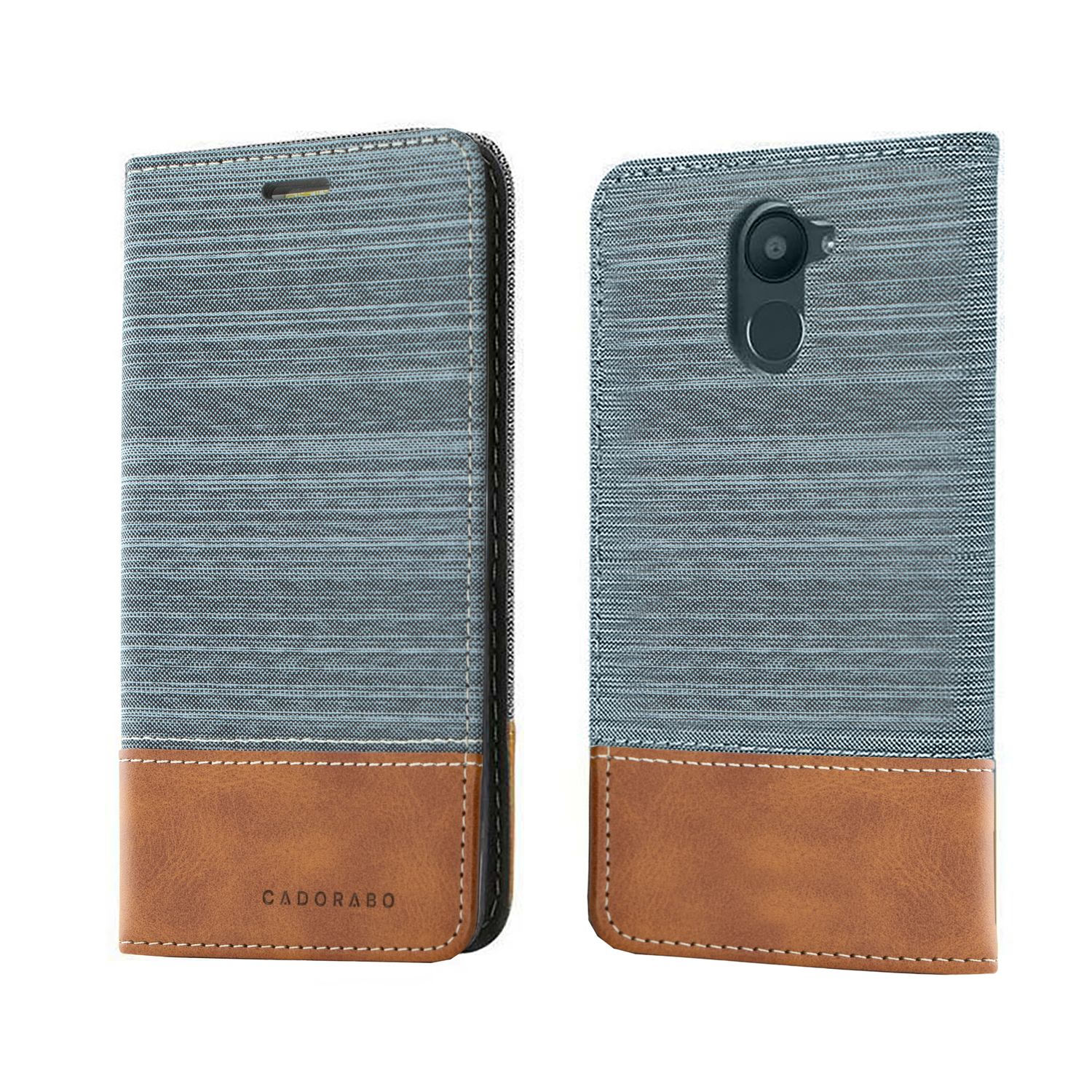Custodia per telefono aperta, design grigio e marrone. Divisione orizzontale con pelle marrone in basso.
