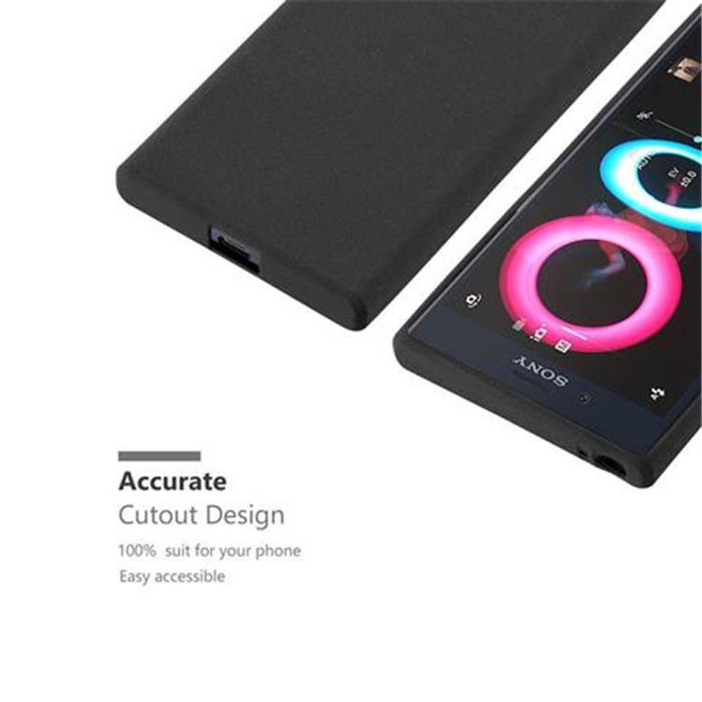 Custodia nera per telefono e telefono con schermo. Il telefono ha un cerchio rosa e blu sullo schermo.