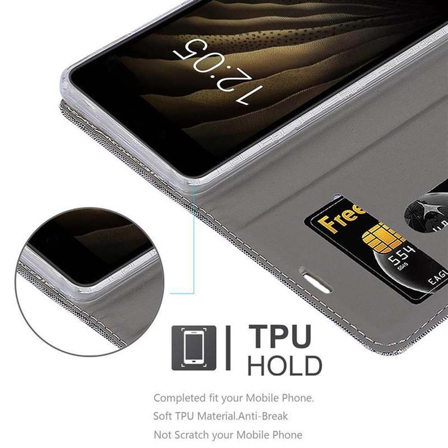 Custodia per telefono con slot per schede e supporto in TPU, con informazioni.