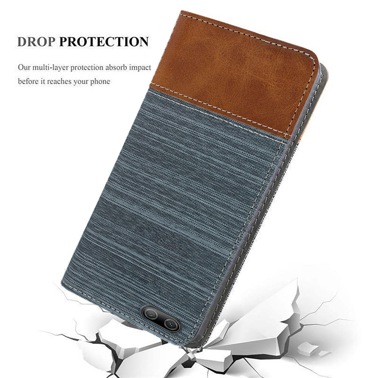 Custodia per telefono con protezione dalle cadute, design marrone e blu, con il telefono su pezzi rotti.