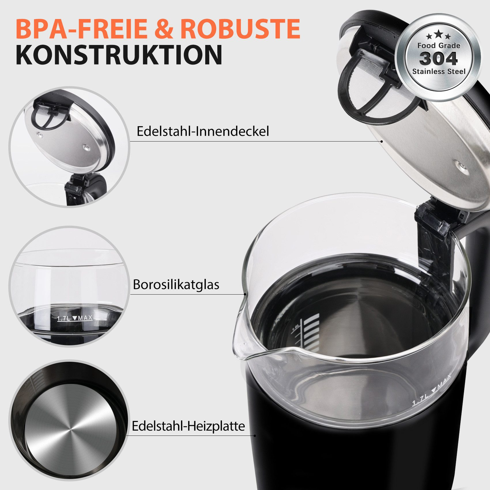 Nahaufnahme eines transparenten Wasserkochers. Glaskörper, schwarze Basis, Edelstahlteile.