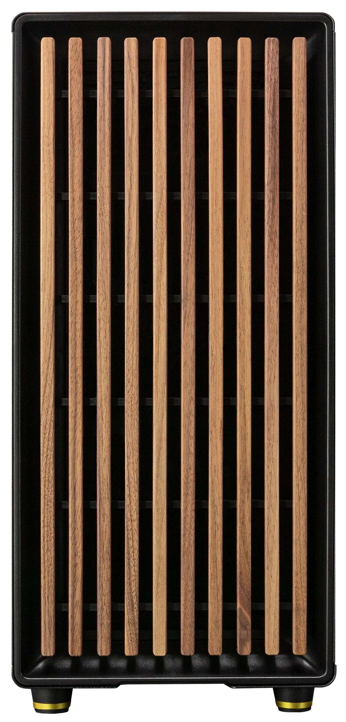 Vassoio nero con doghe di legno verticali. Le doghe si alternano nel colore e sono allineate.