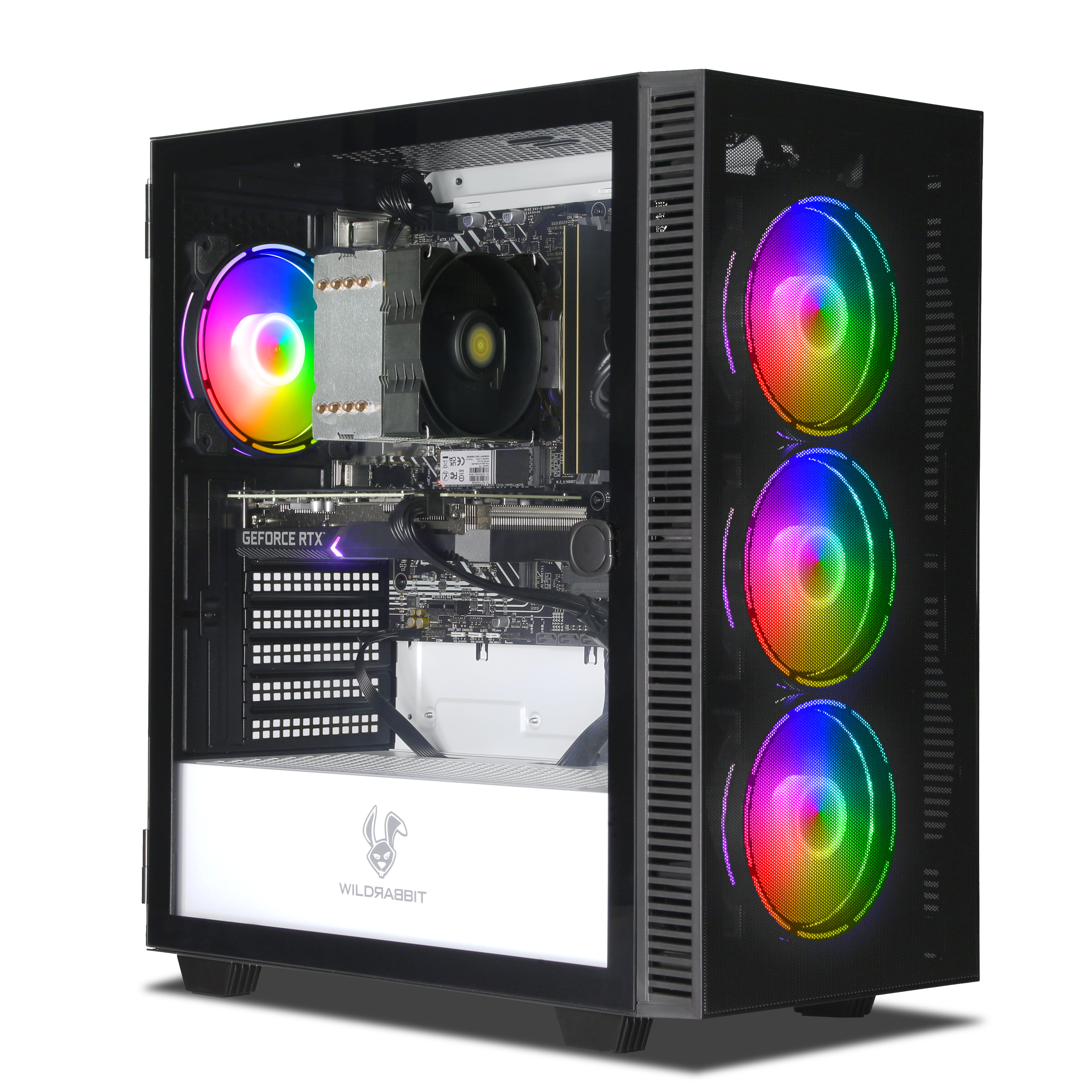 Ein schwarzes Computergehäuse mit Glas-Seitenwand, das interne Komponenten mit RGB-Lüftern zeigt.