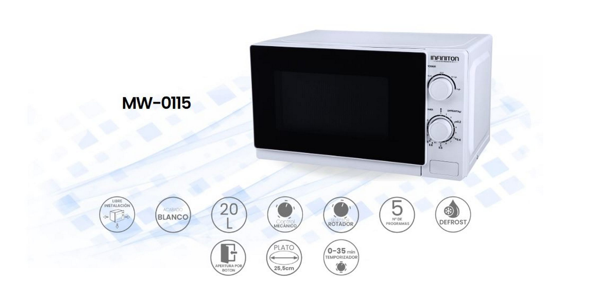 Horno microondas blanco con puerta negra, botones y texto promocional.