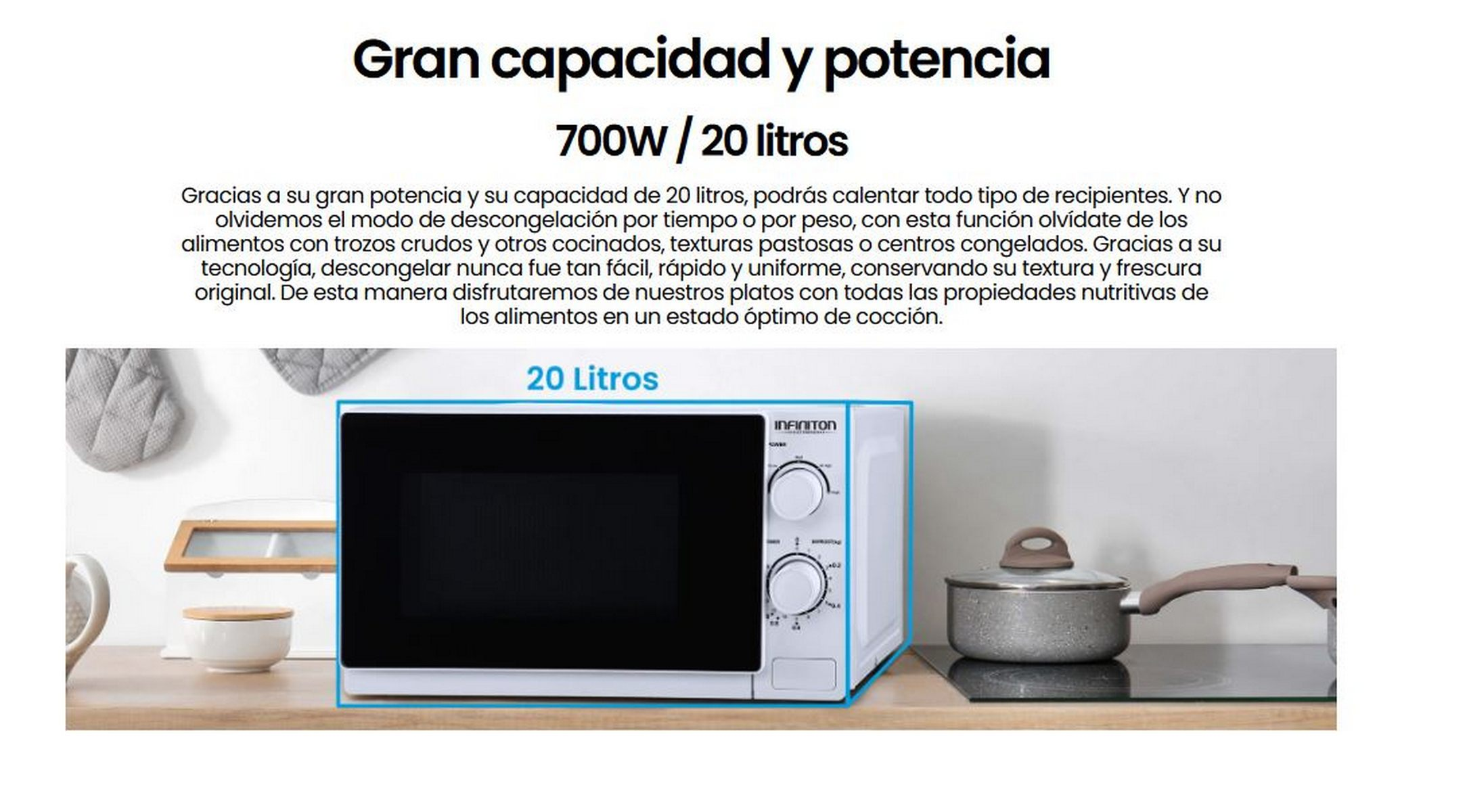 Un horno microondas blanco sobre una encimera. Tiene una puerta negra y perillas. Una olla está cerca.