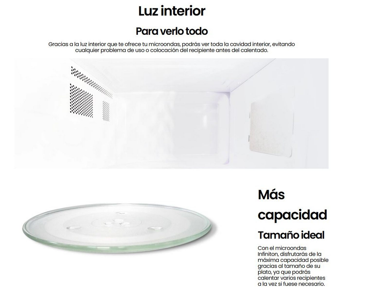 Interior de microondas con plato de vidrio. Las paredes son blancas, con una vista detallada del interior.