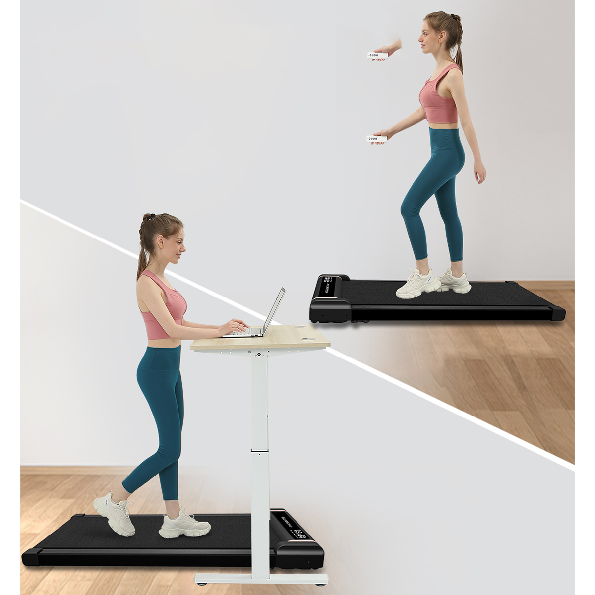 Two women using treadmills, one at a desk, the other walking.
