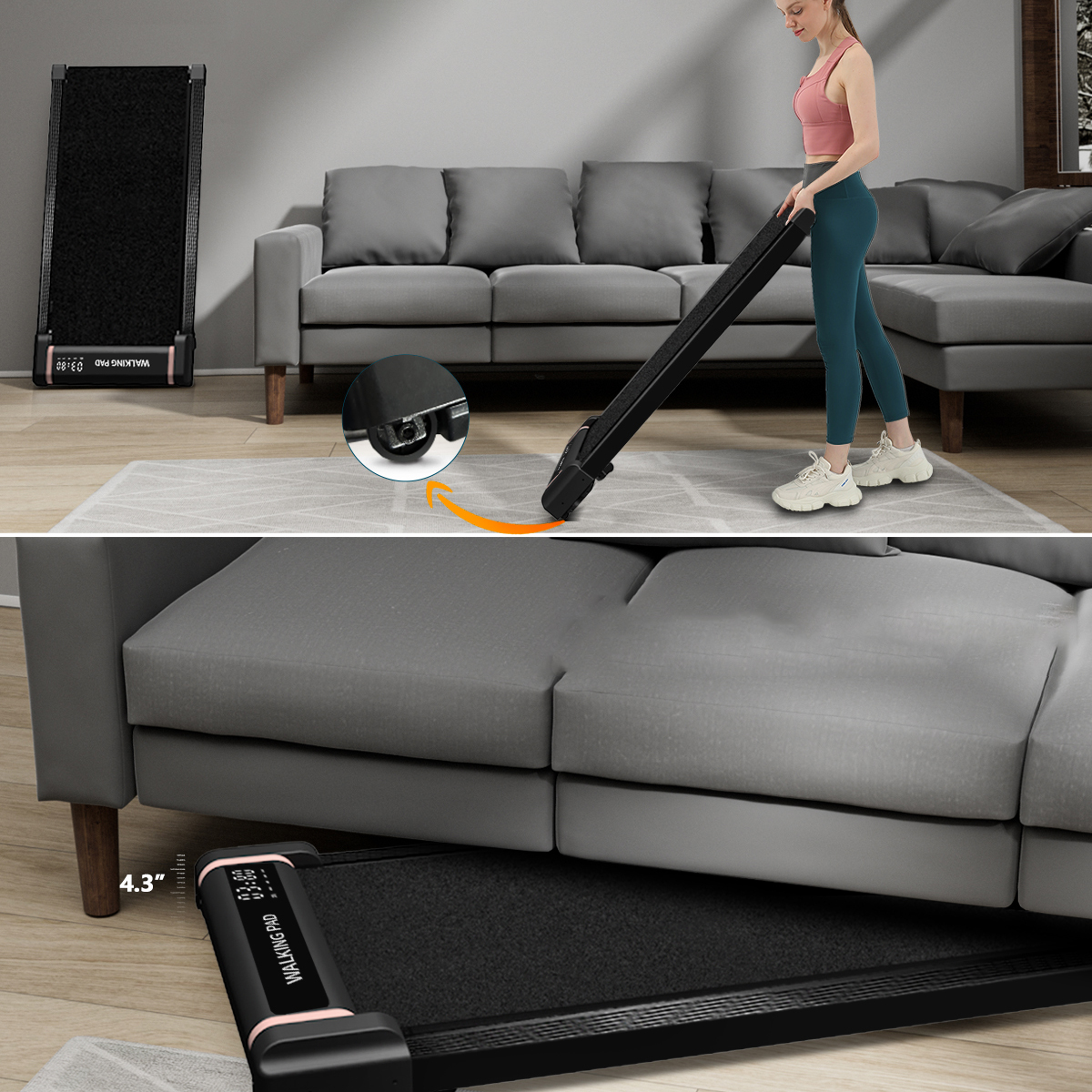 Woman using a walking pad next to a gray sofa. The pad is black, and the floor is visible.