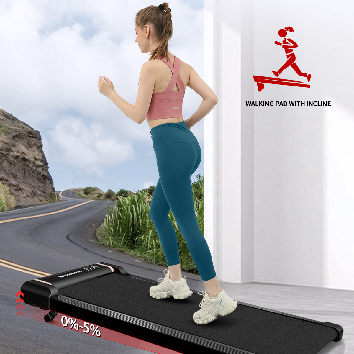 Woman running on a walking treadmill with incline on a road, with a red walking pad incline.