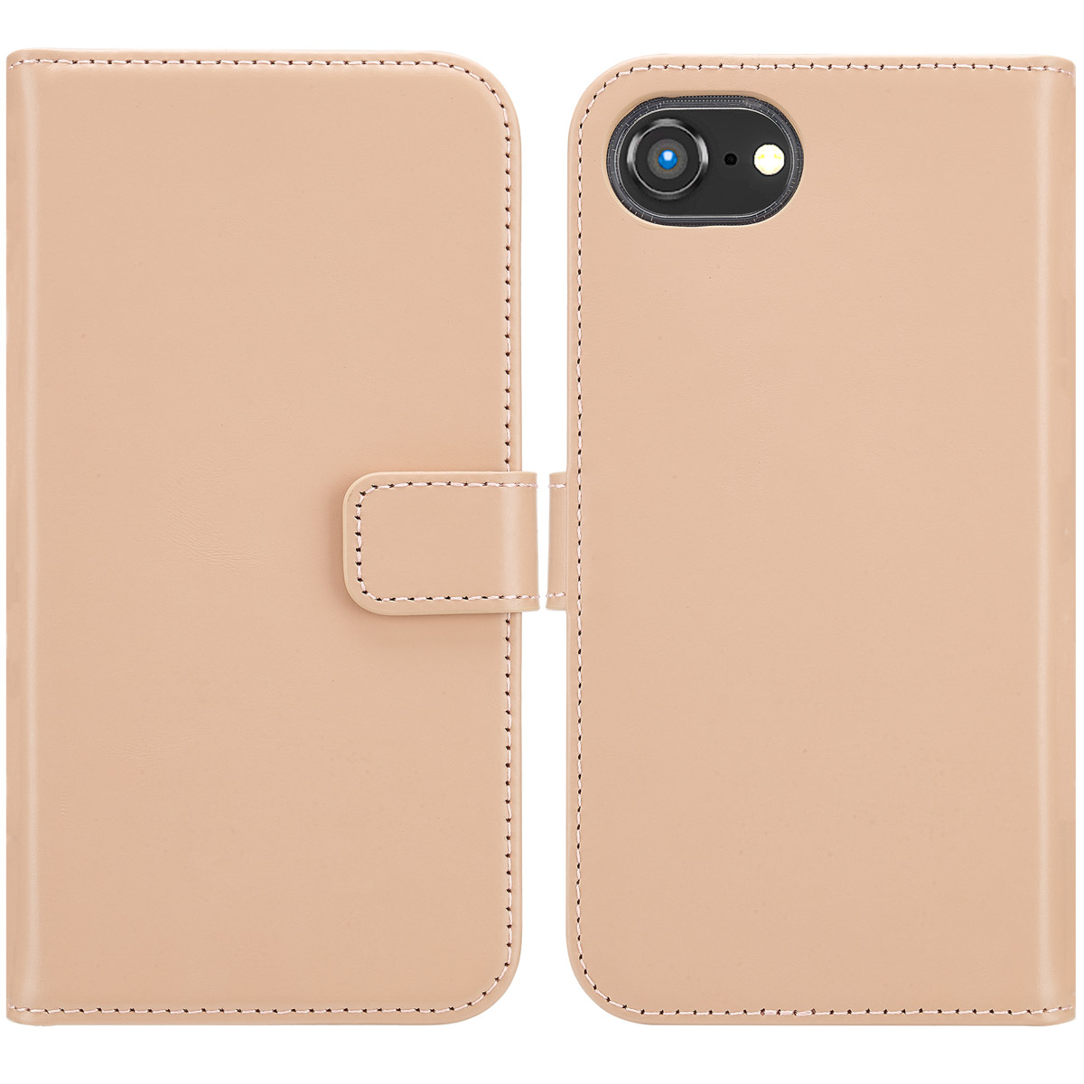 Un étui de téléphone beige ouvert, révélant l'intérieur et la découpe de la caméra.