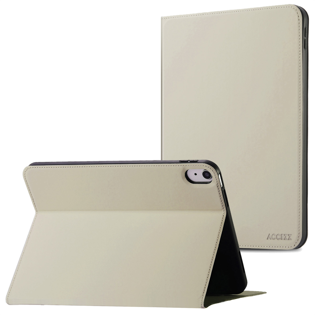 Twee crèmekleurige tablethoezen, waarvan één open, met de tablet erin. De hoezen hebben het merk Accz.
