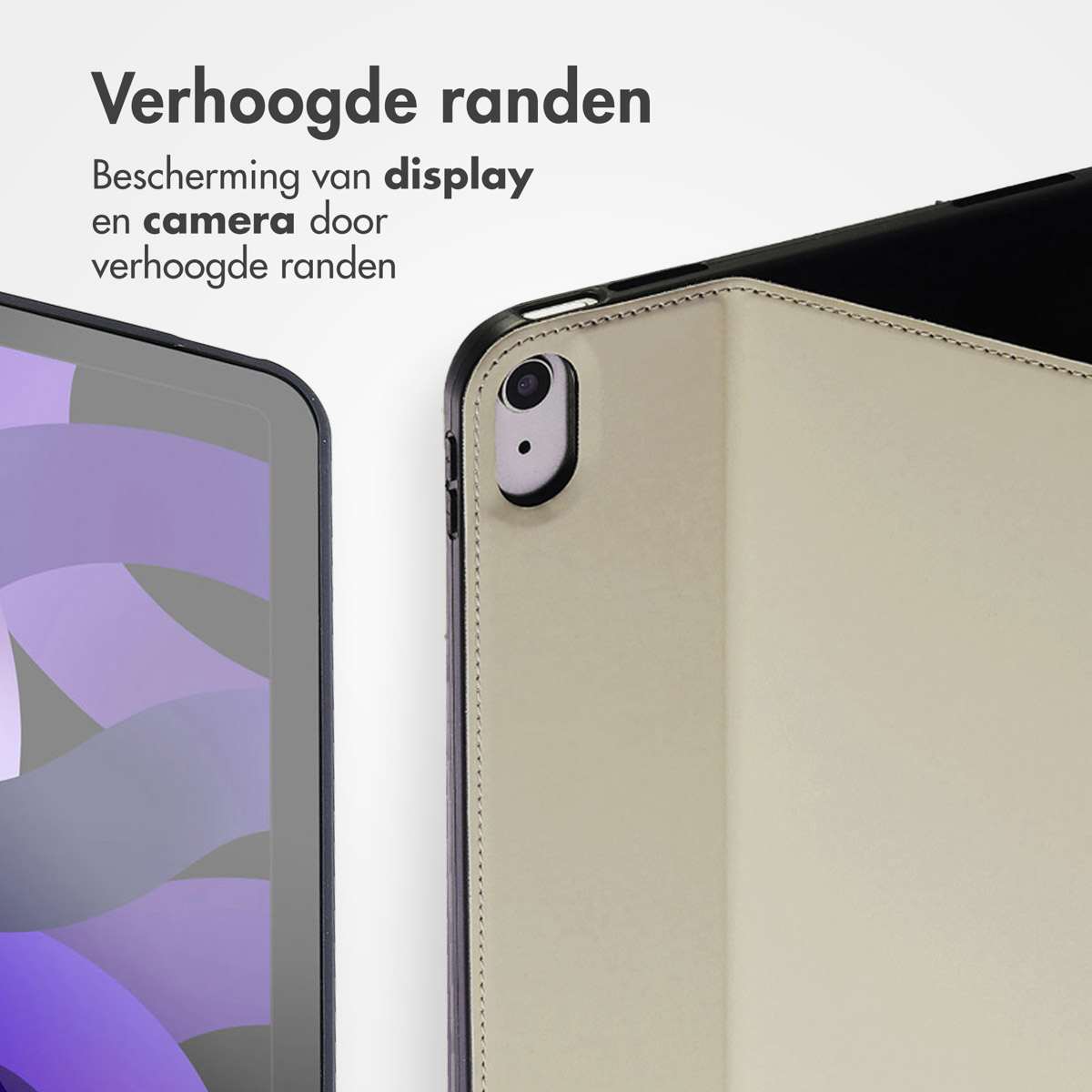 iPad-hoesje met een lichte kleur en een camera. De tekst "Verhoogde randen" is zichtbaar.