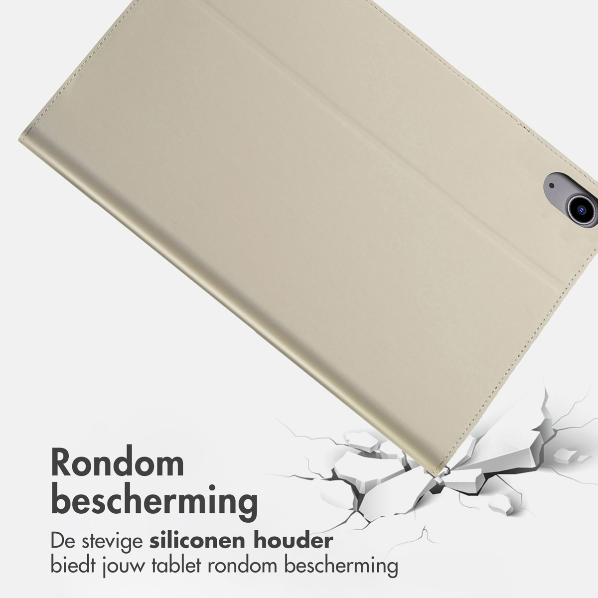 Beige tablet hoes met schade grafiek en tekst 'Rondom bescherming' en gerelateerde tekst.