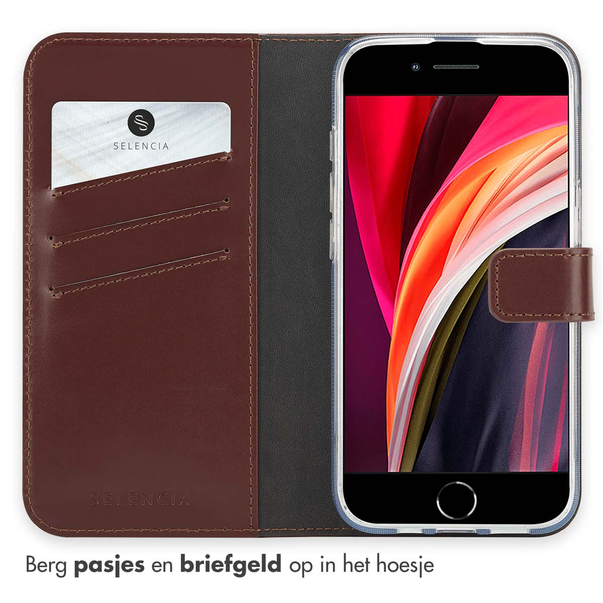 Een bruine leren telefoonhoes met een telefoon erin, met een kaartsleuf en tekst.