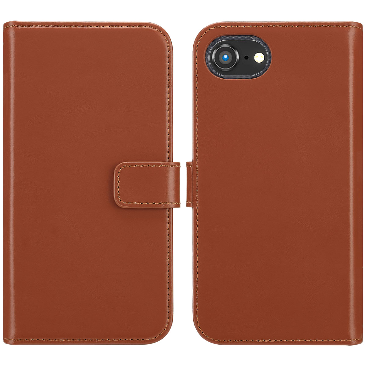 Étui de téléphone en cuir marron, ouvert pour montrer le téléphone et la caméra.