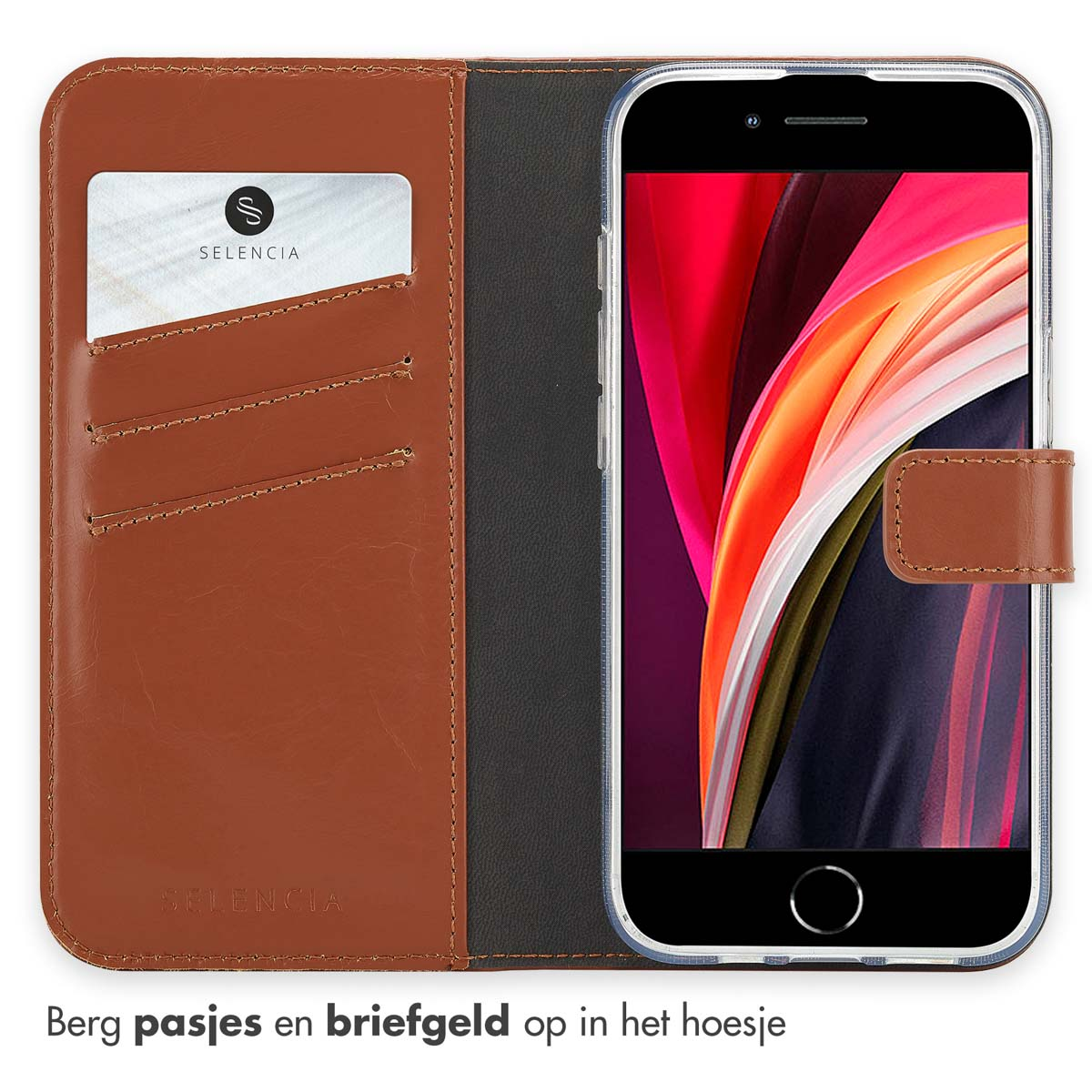 Étui de téléphone marron avec fentes pour cartes et téléphone. Ouvert, montrant l'écran coloré.