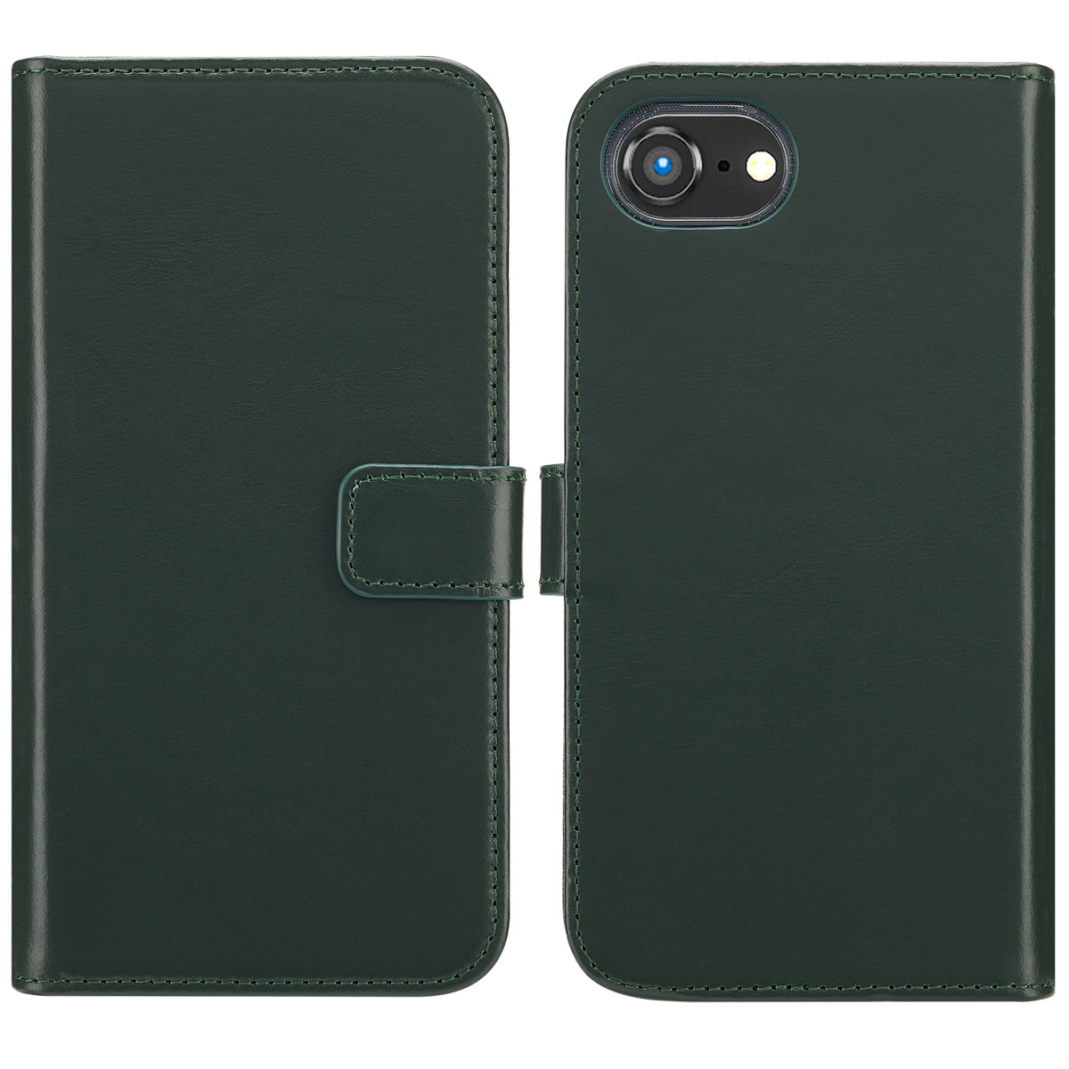 Étui de téléphone en cuir vert, ouvert. Caméra de téléphone visible.