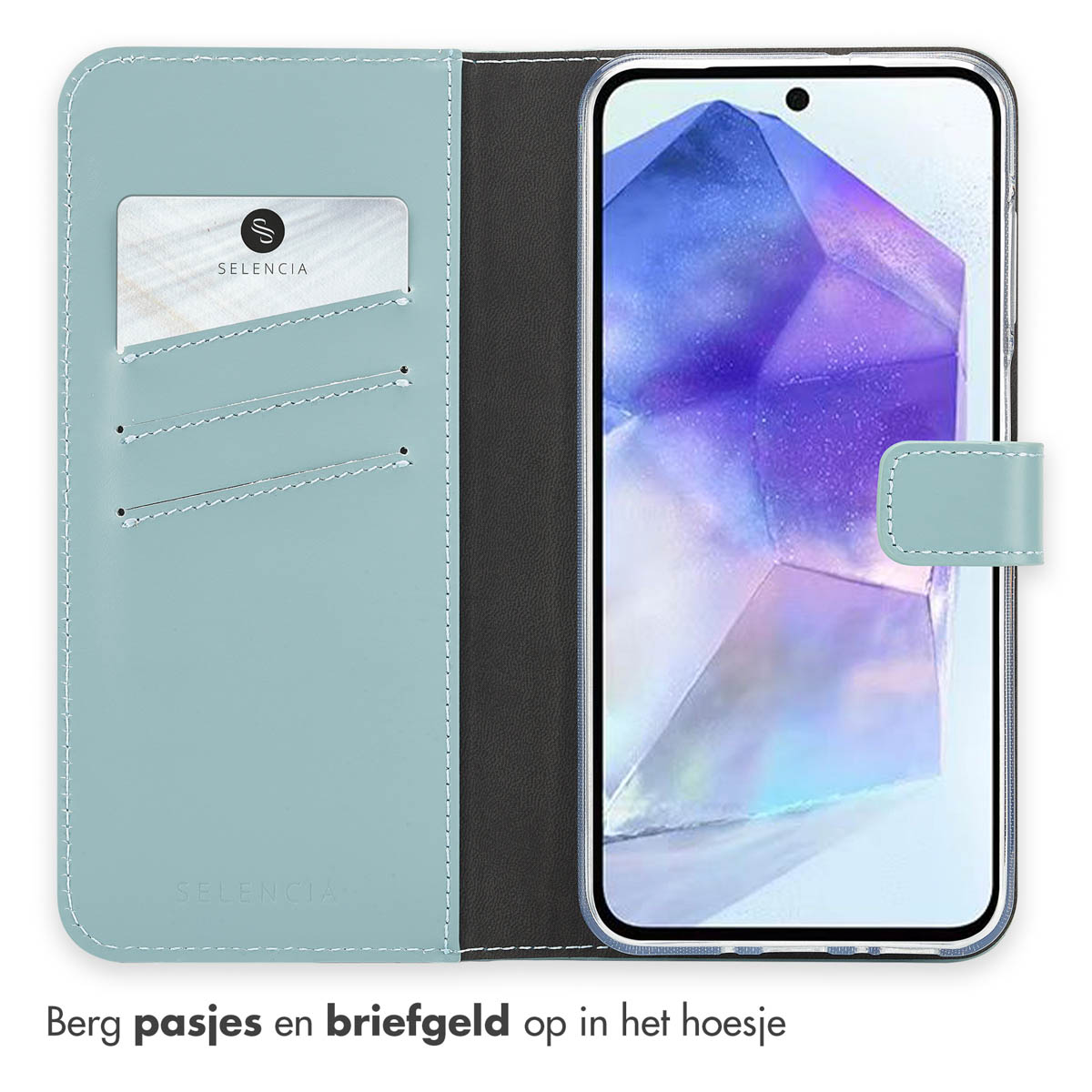 Étui de téléphone bleu clair avec fente pour carte et téléphone.