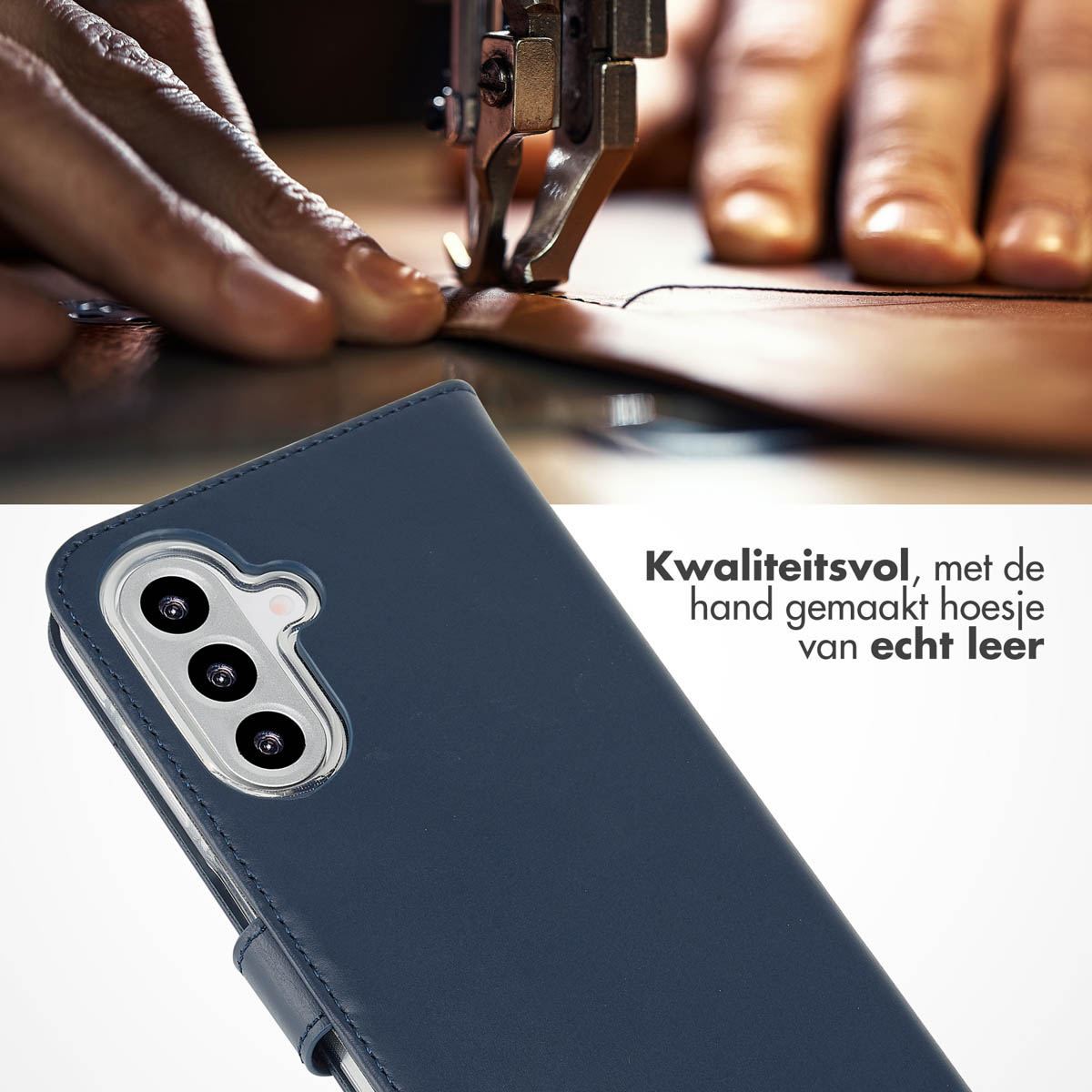 Una custodia per telefono blu con telefono dentro, con mani che cuciono la pelle.