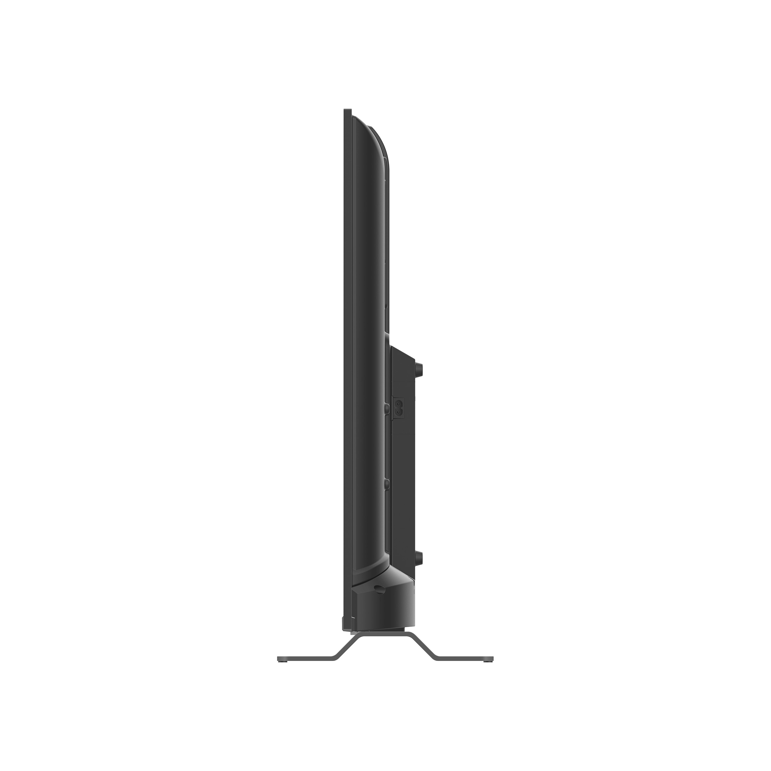 Una TV nera vista di lato, con un supporto, su sfondo bianco.